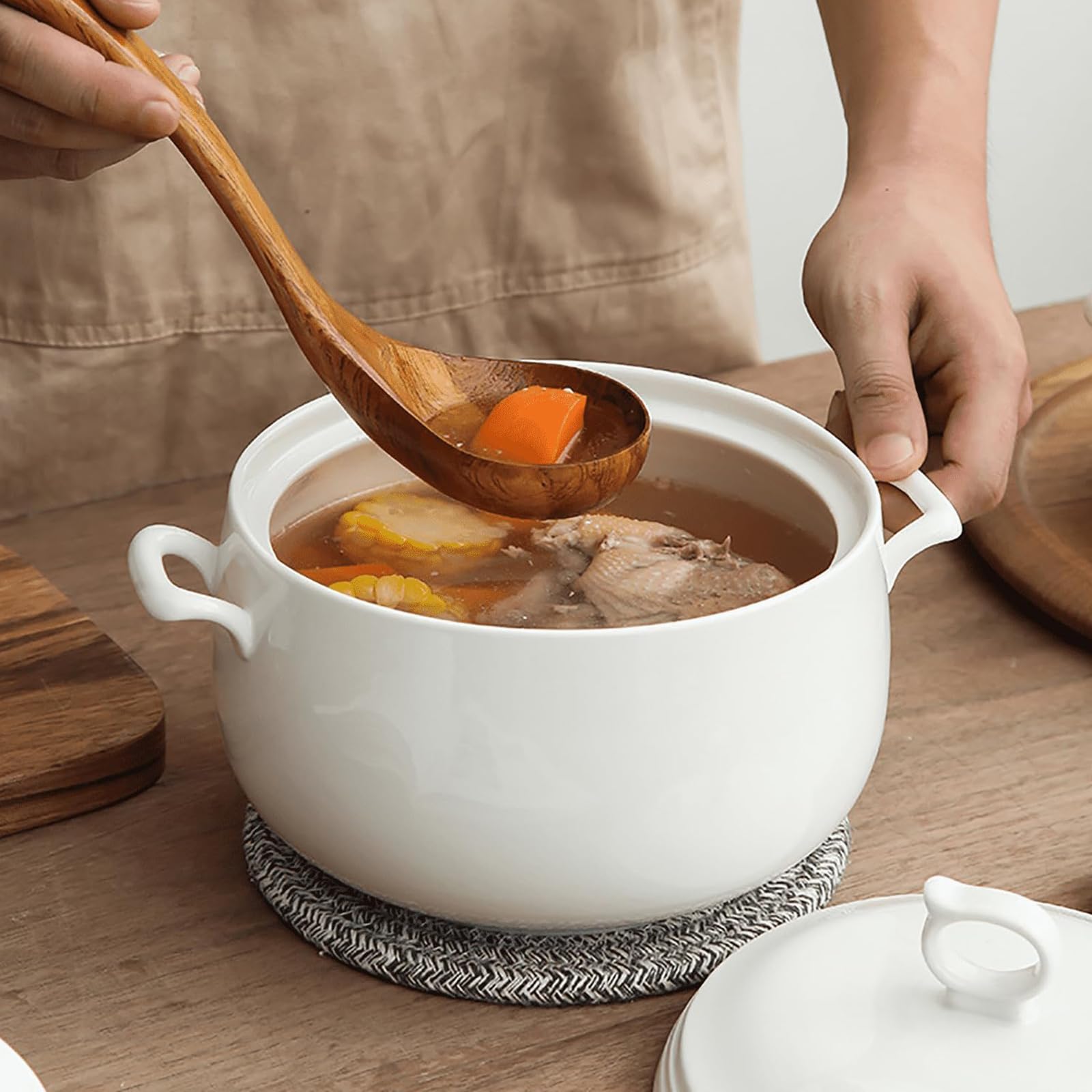 3L Ceramic Soup Tureen with Lid - Large Round Serving Bowl with Loop Handles, Microwave & Dishwasher Safe Pure White Porcelain Tureen for Kitchen - Perfect for Family Dinners, Holiday Meals & Restaurant Serving