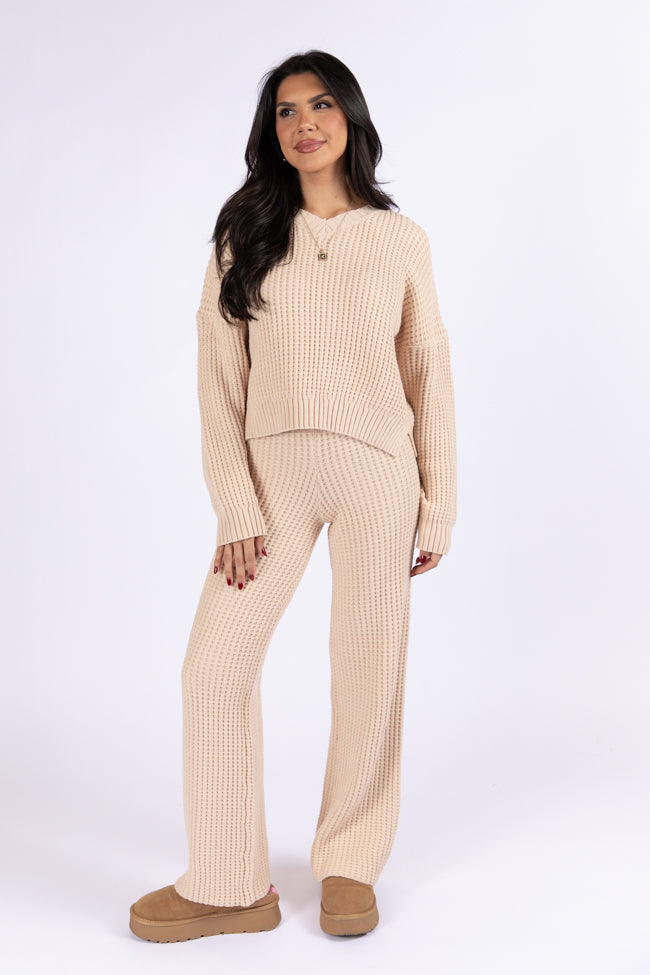 Tan Thermal Waffle Knit Pants for Women - Cozy Winter Lounge Pants with Elastic Waistband - Perfect for Home, Travel & Cold Weather Comfort