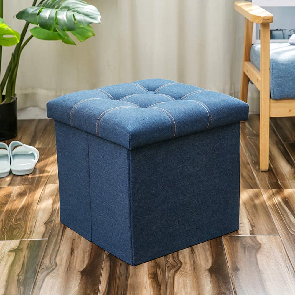 Multi-Purpose Folding Storage Ottoman - Navy Blue Cube Footrest with Padded Seat, Square Fabric Cushion Footstool, Toy Box & Coffee Table - 38x38cm (15x15inch) - Supports 100kg - Perfect for Living Room, Bedroom & Nursery Organization