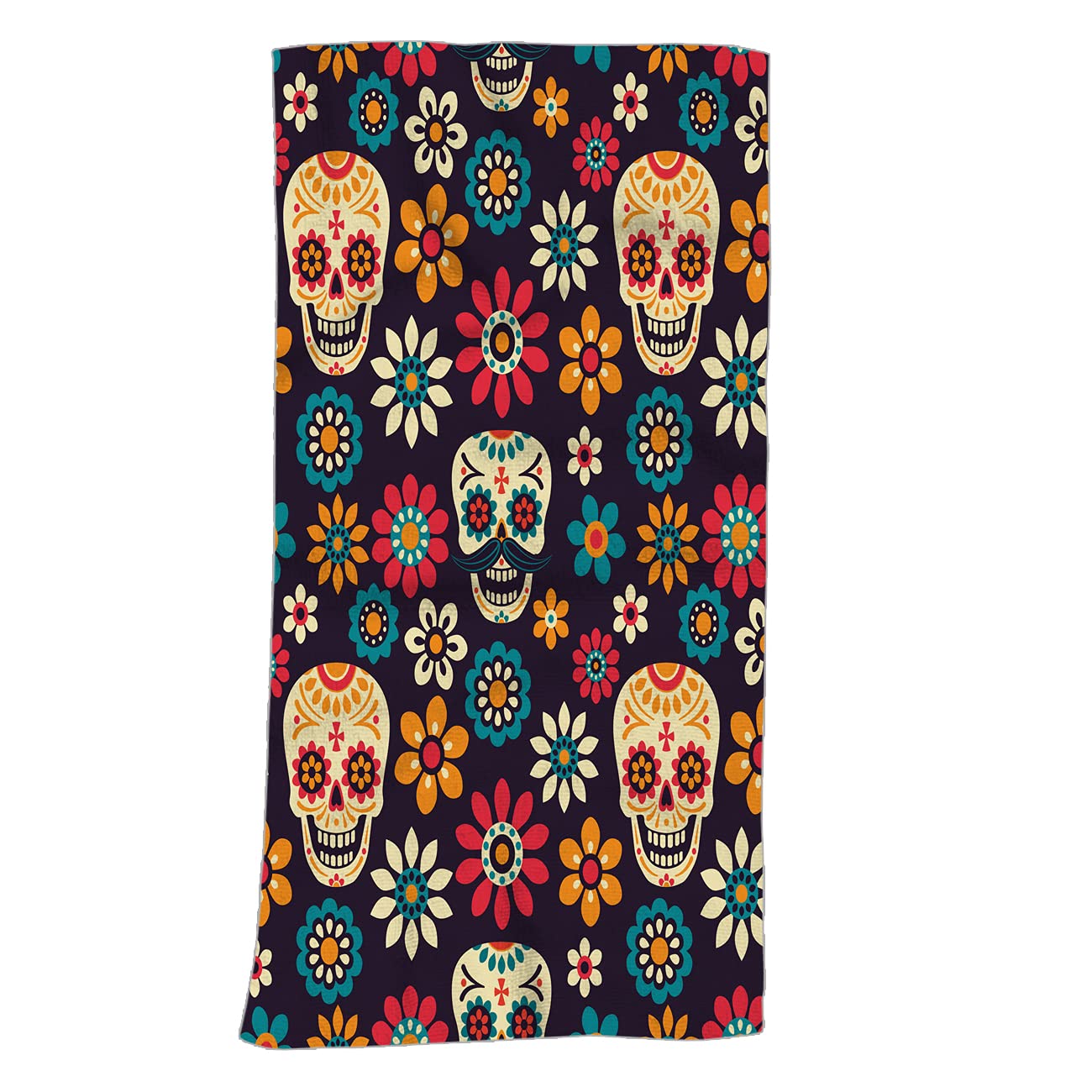 Swono Day of The Dead Hand Towel - 15x30 Inch Cotton Washcloths with Sugar Skulls & Floral Design | Soft Absorbent Bath Towels for Bathroom, Spa, Gym, Yoga, Beach & Kitchen | Perfect for Home Decor, Dia de Muertos Celebrations & Gift Giving