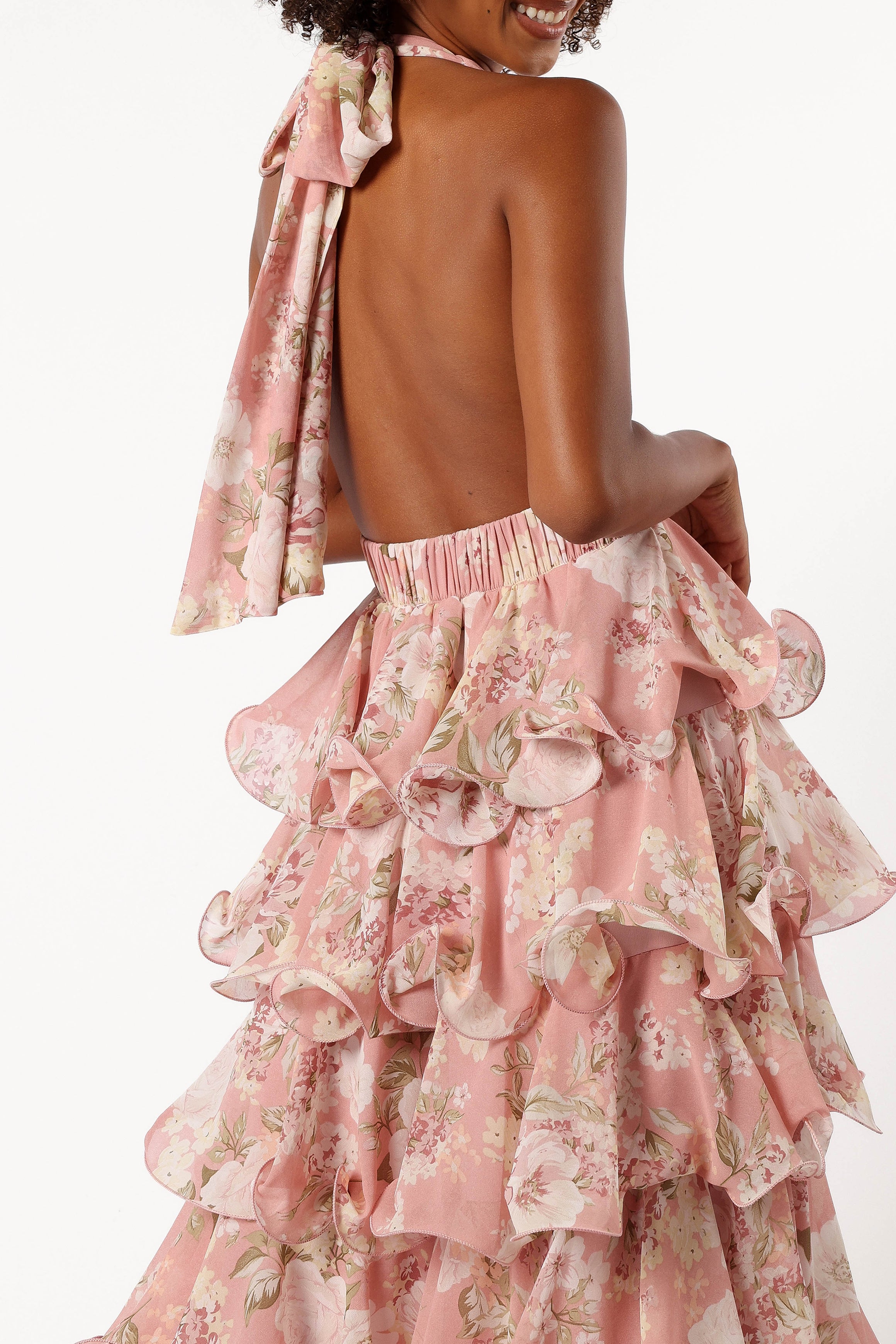 Elegant Pink Halterneck Maxi Dress for Women - Floral Print Summer Beach Wedding Party Dress