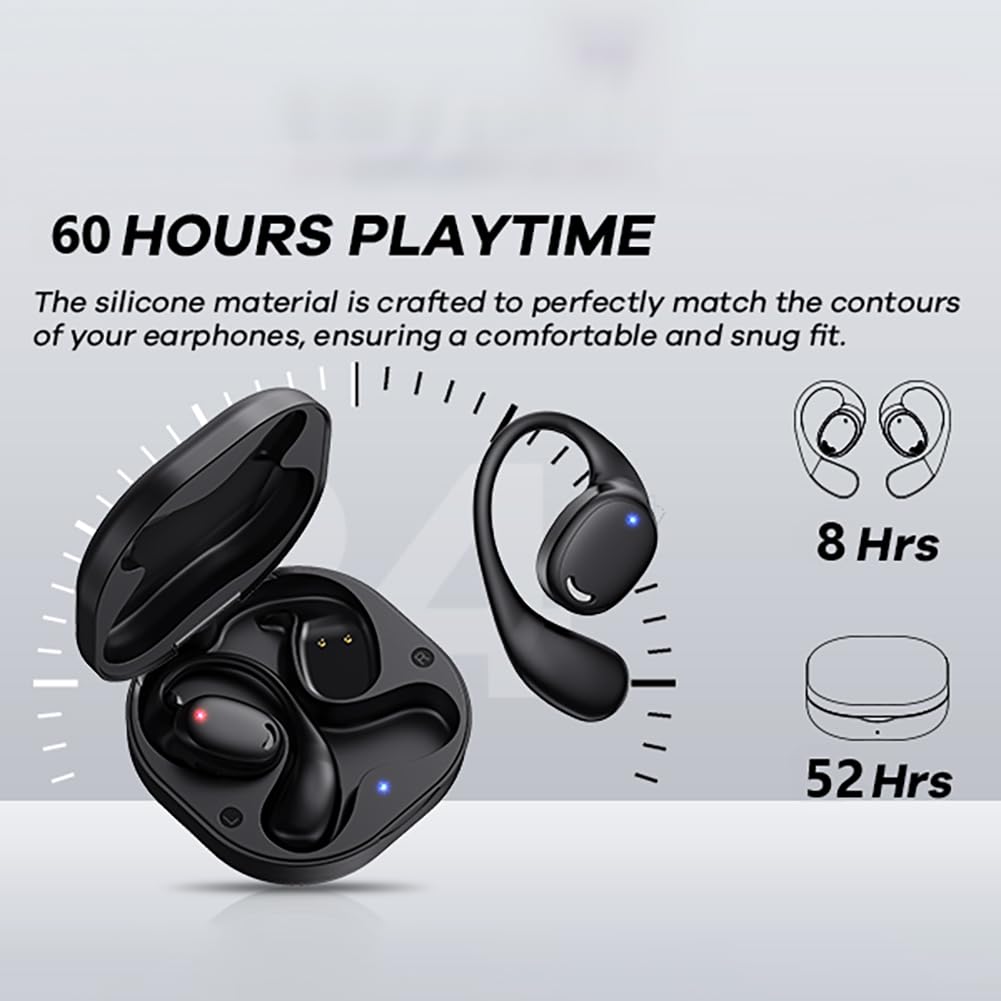Open Ear Bluetooth Headphones - True Wireless Air Conduction Earbuds with Ear Hooks, Sweatproof & 60H Playtime for Running, Workout, Gym, Cycling & Outdoor Sports (Black)