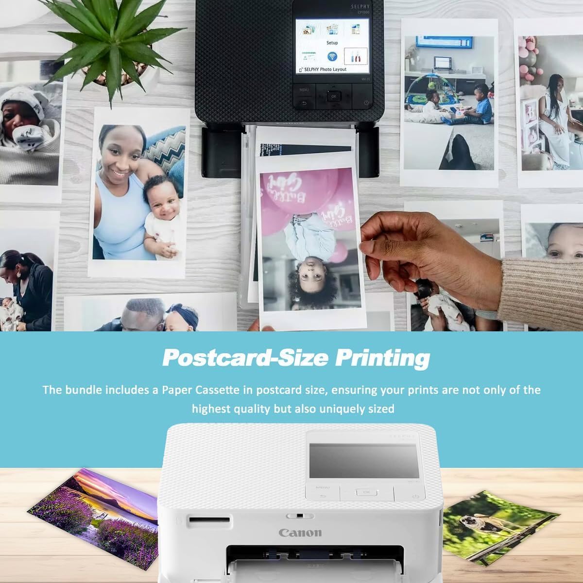Canon Selphy CP1500 Wireless Compact Photo Printer with KP-108IN Ink Paper Set, Deluxe Photo Album, Hard Case & Cleaning Cloth (Black) - Perfect for Home Printing, Travel & Gift Giving