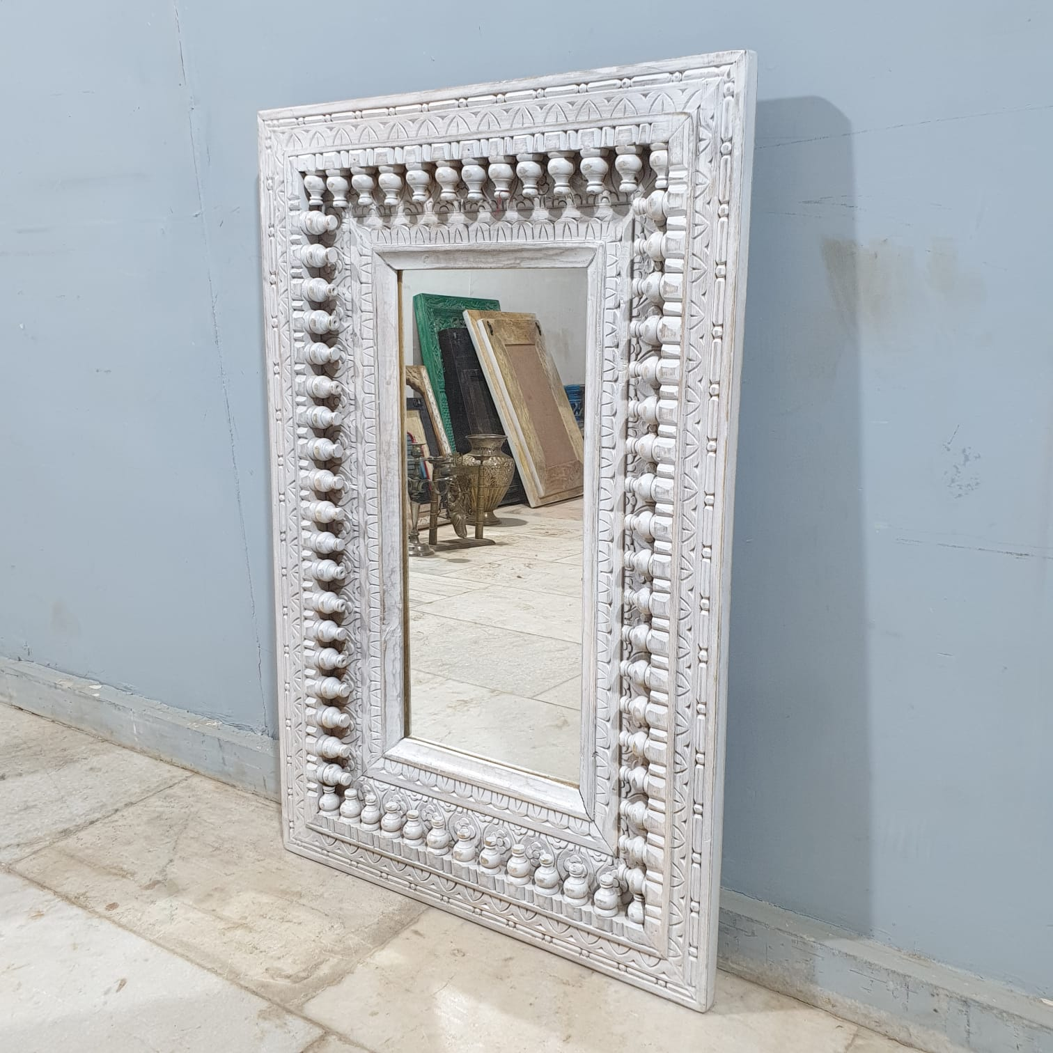 Handmade Indian Wooden Mirror Frame - Carved Whitewash Design 35.4