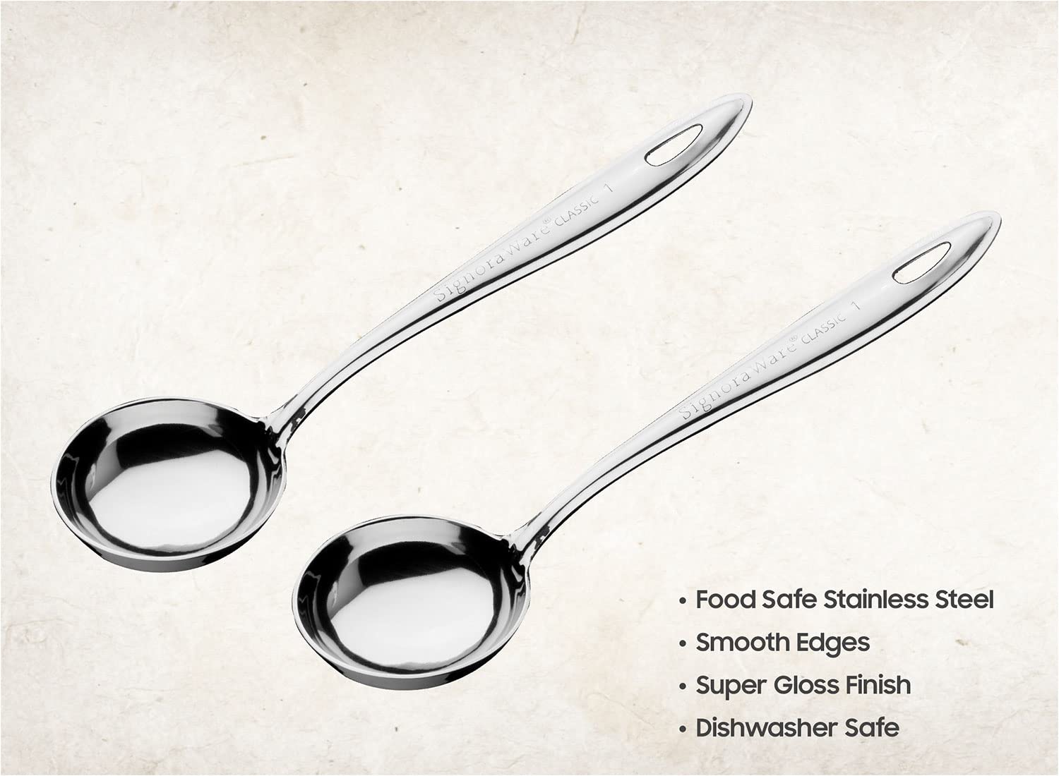 SignoraWare Premium Stainless Steel Food Grade Soup Ladle Set of 2 - 1.1mm Heavy Duty Kitchen Ladle for Cooking, Serving Gravy, Dal, Curry - 21.7cm (Perfect for Restaurants, Catering & Home Kitchens)