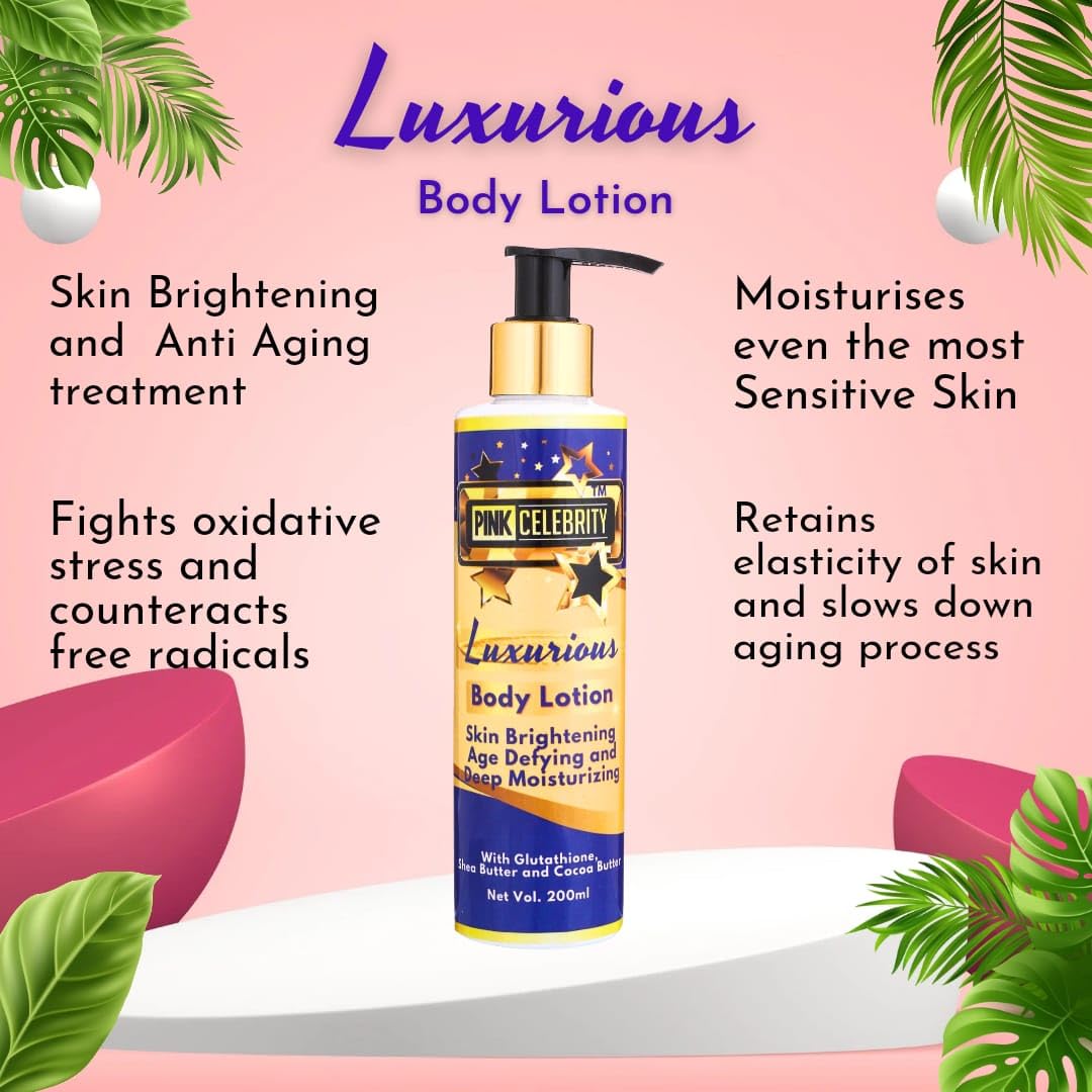 Pink Celebrity Body Lotion for Skin Brightening & Anti-Aging - Deep Moisturizing with Shea Butter & Cocoa Butter (200ml) - Perfect for Dry Skin Care & Daily Hydration