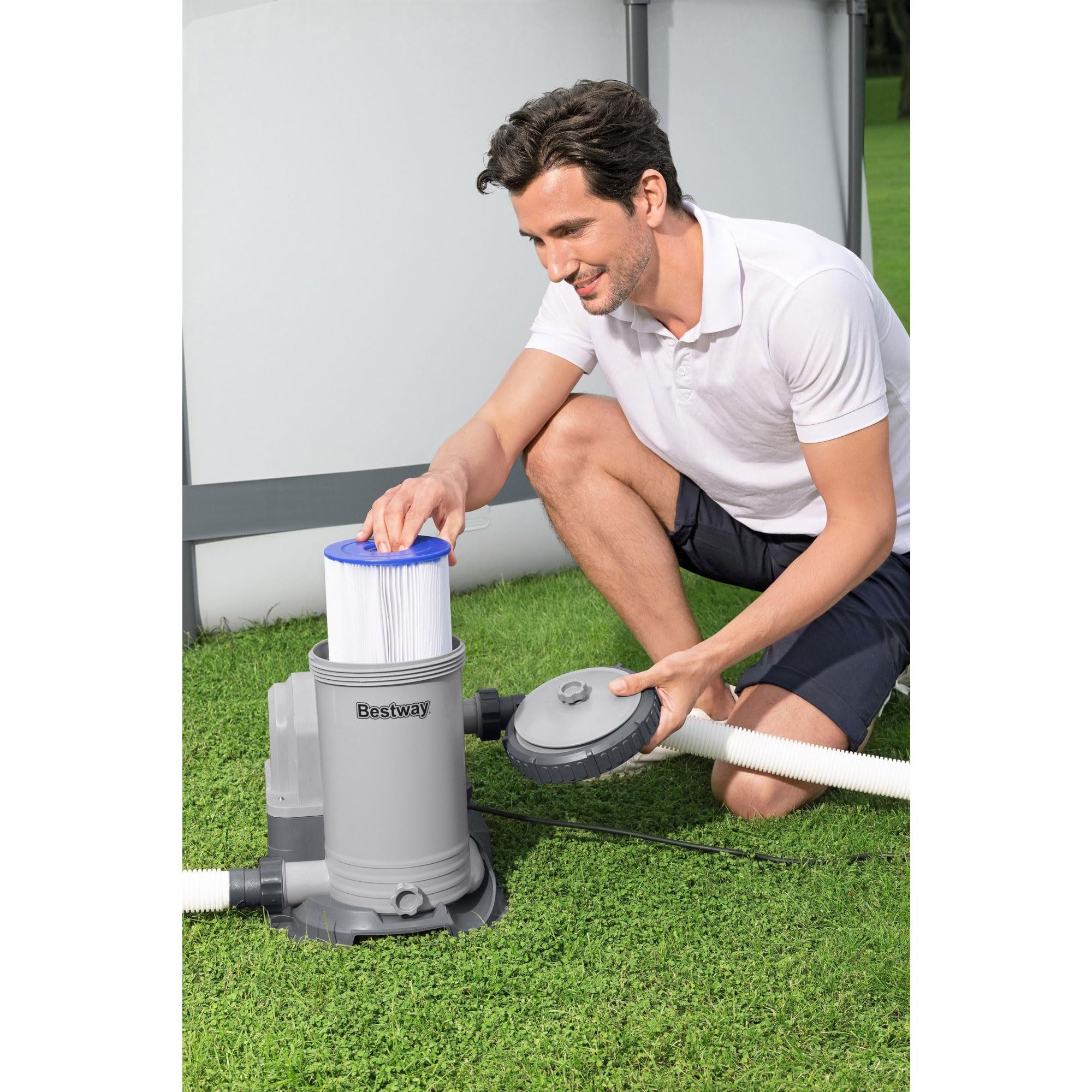 Bestway 2500 GPH Above Ground Pool Filter Pump with Timer - Compatible with 300 to 16,400 Gallon Swimming Pools - Includes Filter Cartridge & Adapter Set - Perfect for Backyard Pool Maintenance & Water Circulation