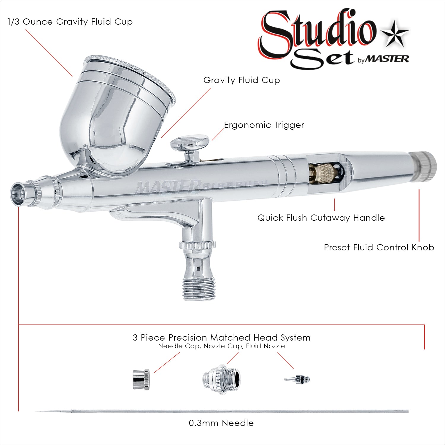 6 Master Performance G23 Dual Action Gravity Feed Airbrushes with 0.3mm Tips, 1/3oz Cups & Storage Case - Perfect for Model Painting, Cake Decorating & DIY Art Projects