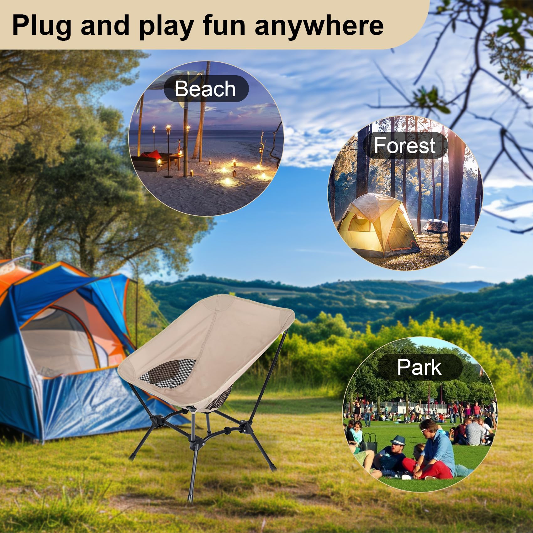 **Dreamoon Lightweight Foldable Camping Chair - Portable Backpack Chair with Side Pockets & Carry Bag, Adjustable Height Compact Outdoor Chair for Camping, Beach, Picnic, Hiking, Fishing, Travel - Perfect for Backyard, Tailgating & Outdoor Adventures (Khaki)**
