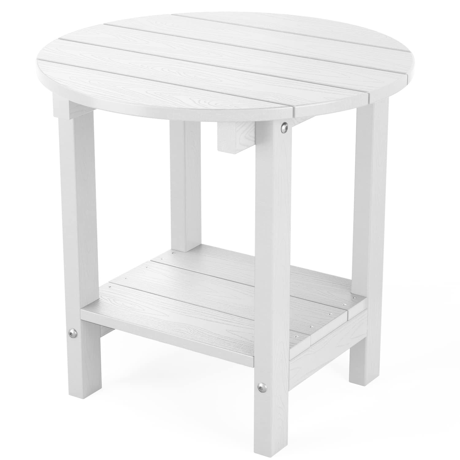 MXIMU 18-Inch Round Outdoor Side Table with Storage Shelf - 2-Tier Plastic Patio End Table for Balcony, Backyard, Lawn - White (1 Pack) | Perfect for Poolside Lounging, Garden Relaxation & Outdoor Entertaining