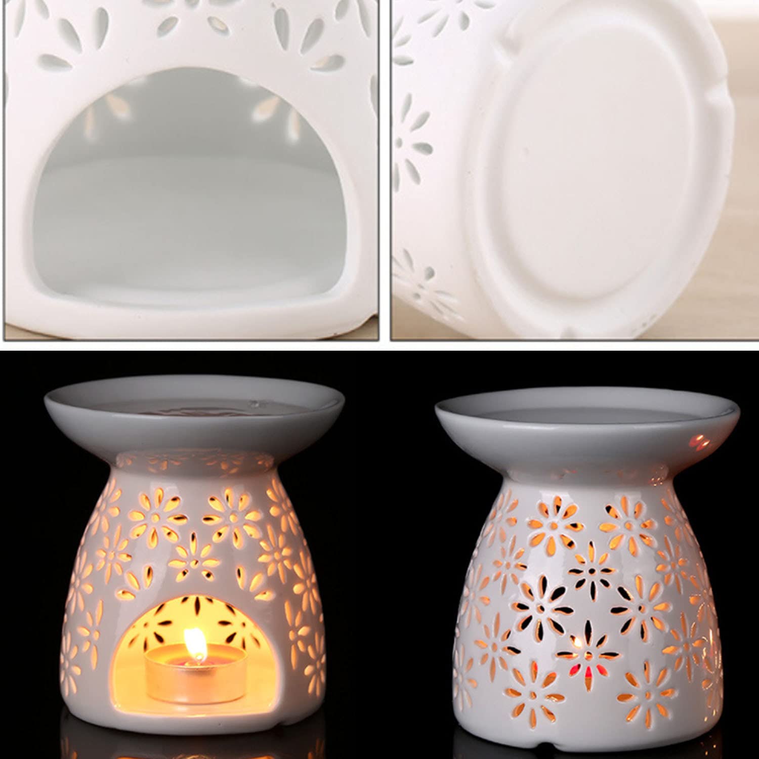 White Ceramic Tealight Candle Holder with Essential Oil Burner & Candle Spoon - Romantic Flower Pattern Aroma Diffuser for Home Decor, Christmas, Housewarming Gifts | Perfect for Relaxation, Spa Nights & Romantic Ambiance