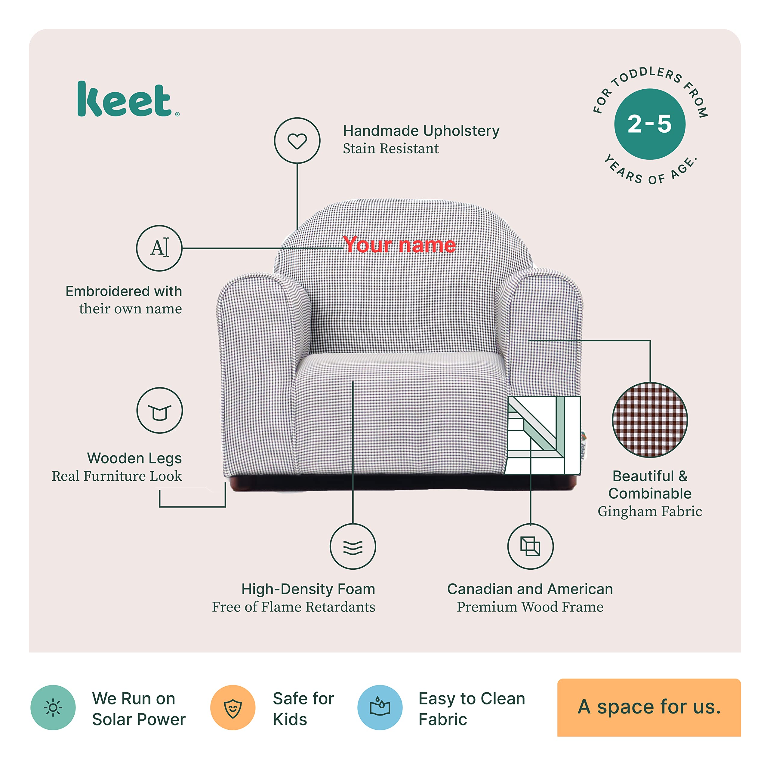 Custom Personalized Kids Chair with Upholstered Checkers Design in Brown - Perfect for Bedrooms, Playrooms & Gift Giving