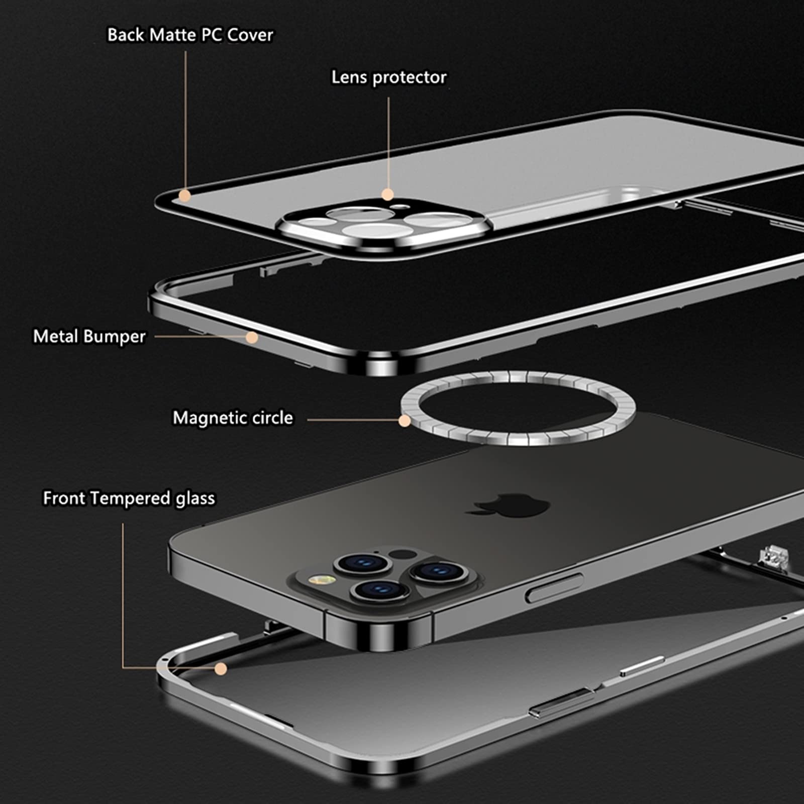 Jonwelsy iPhone 12 Pro Case with Magsafe - 360° Double-Sided Protection, Magnetic Metal Bumper, Tempered Glass Front & Frosted PC Back Cover for iPhone 12 Pro 6.1