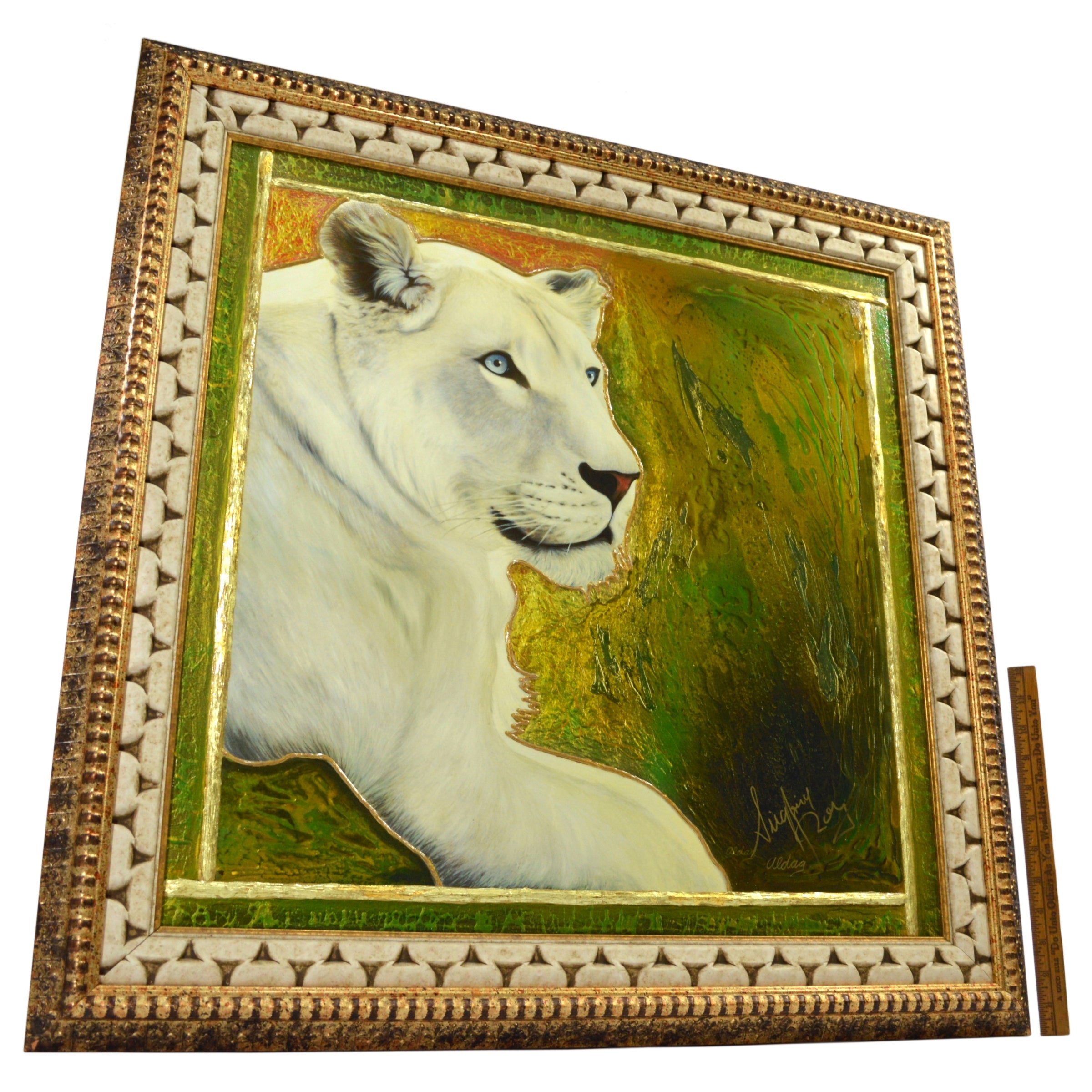 Original Juergen Aldag Mixed Media Painting - Sarmoti White Lion - Rare Artwork for Home & Office Decor