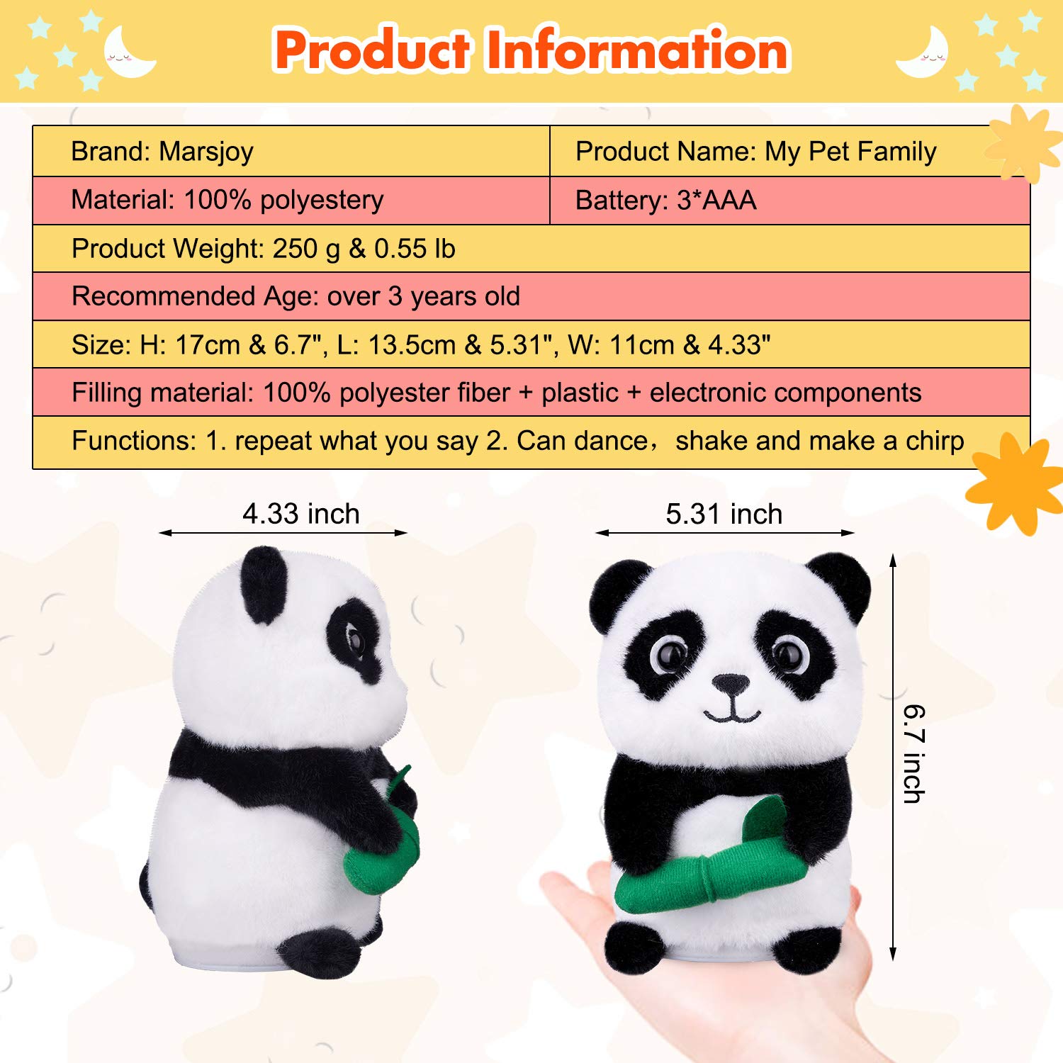 Interactive Talking Panda Plush Toy - Repeats Your Voice, Dances & Shakes - Electronic Robotic Stuffed Animal for Kids (6.3