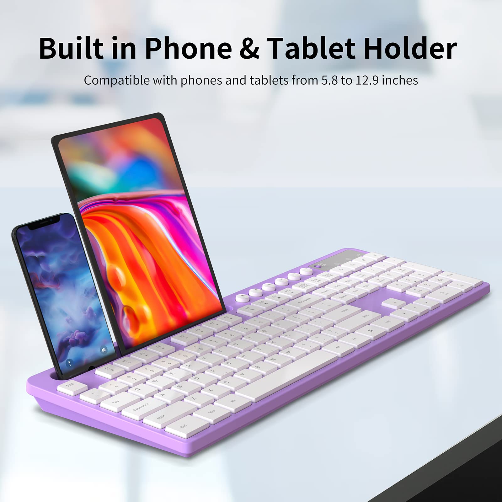 MARVO 2.4G Wireless Keyboard and Mouse Combo - Ergonomic Design with Silent 6-Button Mouse & Phone/Tablet Holder - Compatible with MacBook & Windows (Purple) - Perfect for Home Office, Gaming & Remote Work