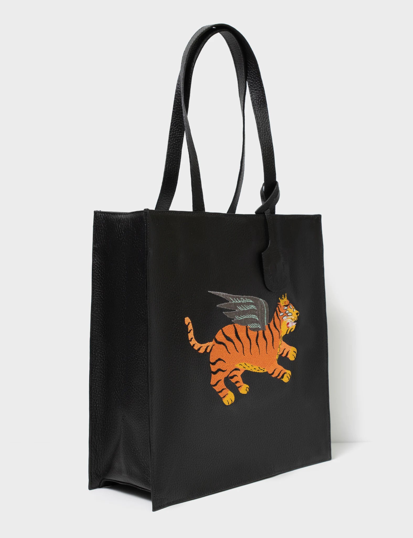 Marko Black Leather Tote Bag with Flying Tiger Embroidery - Stylish Women's Handbag for Work, Travel & Daily Use