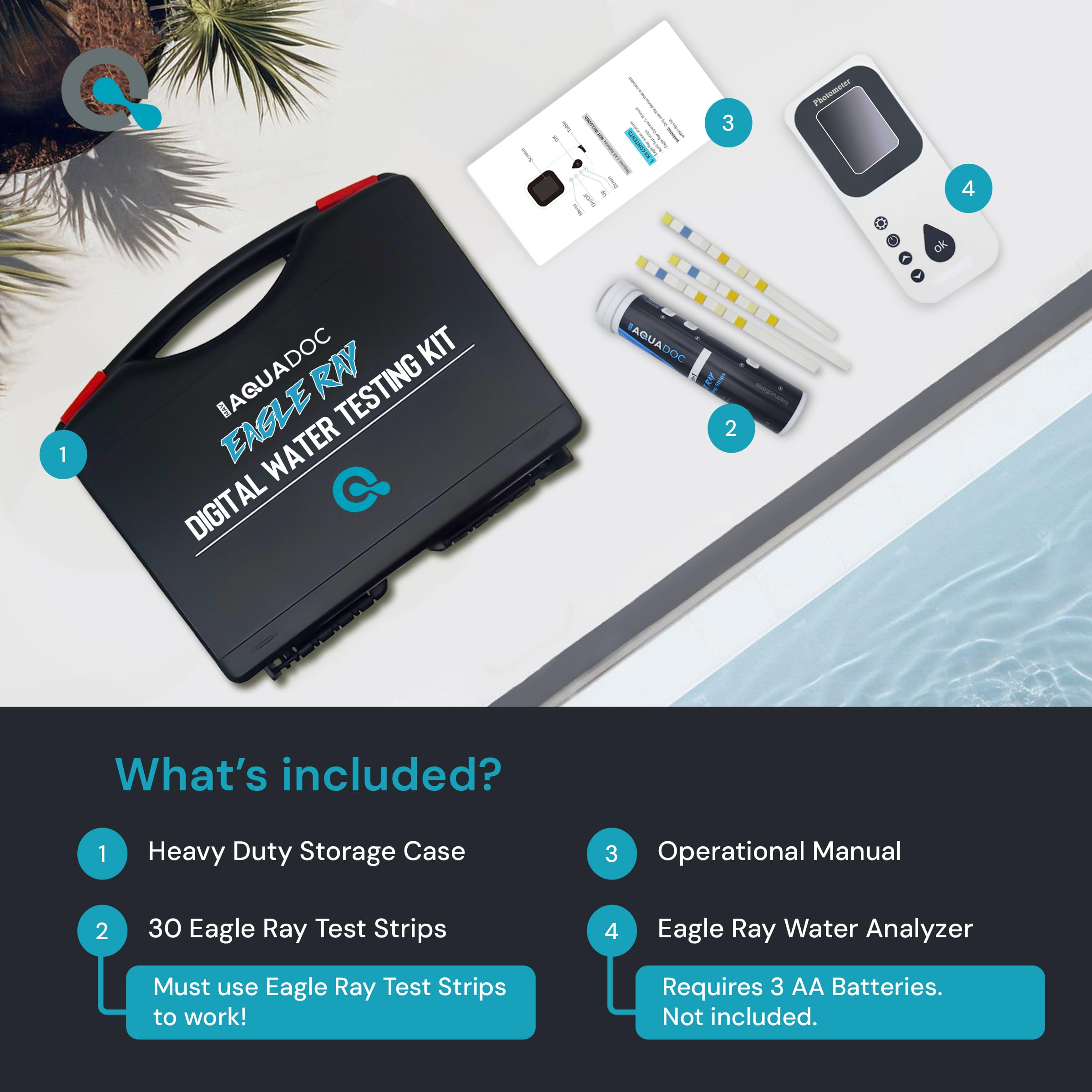 **AquaDoc Digital Water Testing Kit - Accurate Pool & Hot Tub Water Tester for Chlorine, pH, Alkalinity | Includes Water Analyzer & Test Strips | Ideal for Home Pools, Spas & Maintenance**
