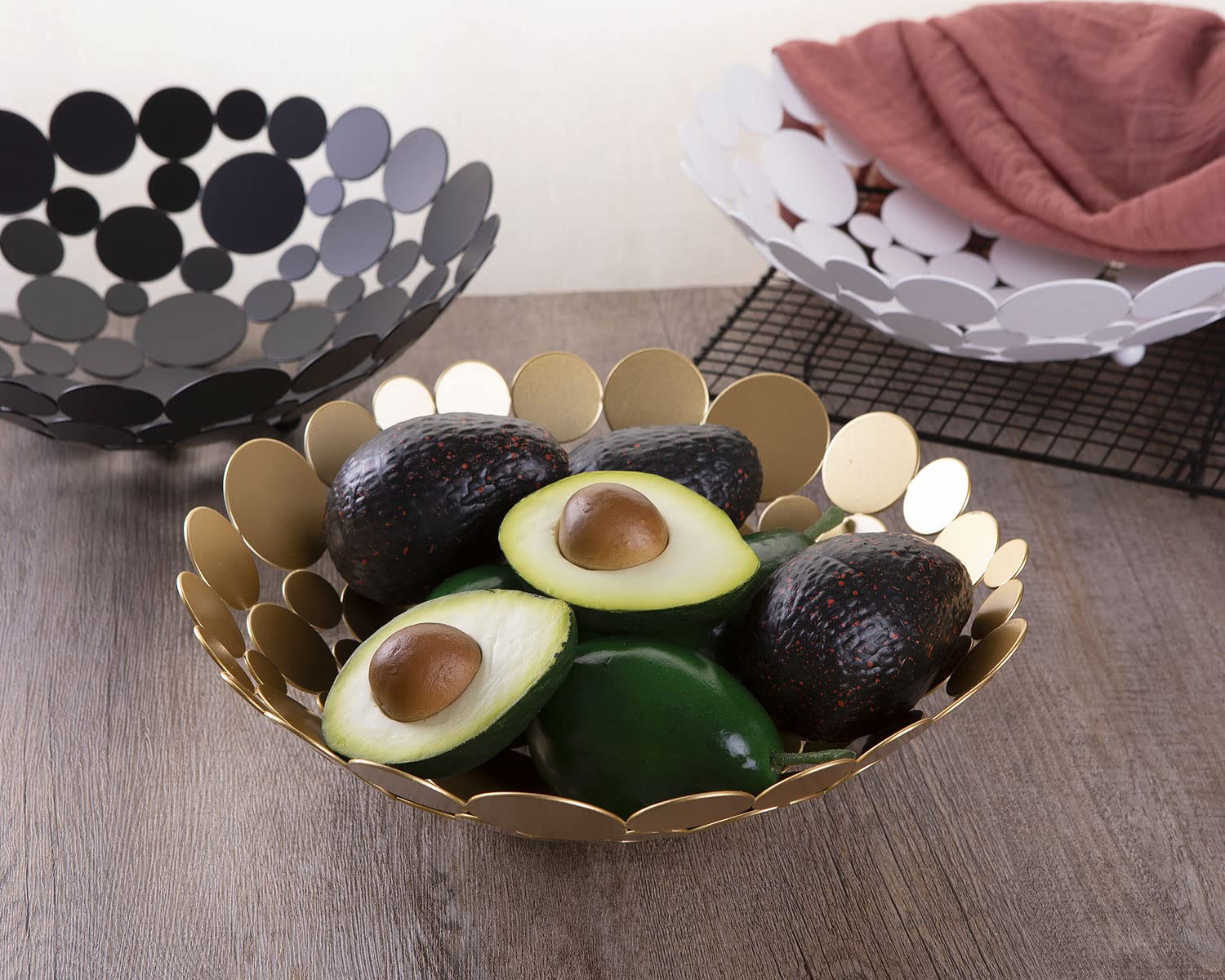 Modern Gold Metal Fruit Bowl - Large Round Kitchen Basket for Fruits, Vegetables, Bread, Candy & Nuts - Elegant Home Decor & Dining Table Centerpiece
