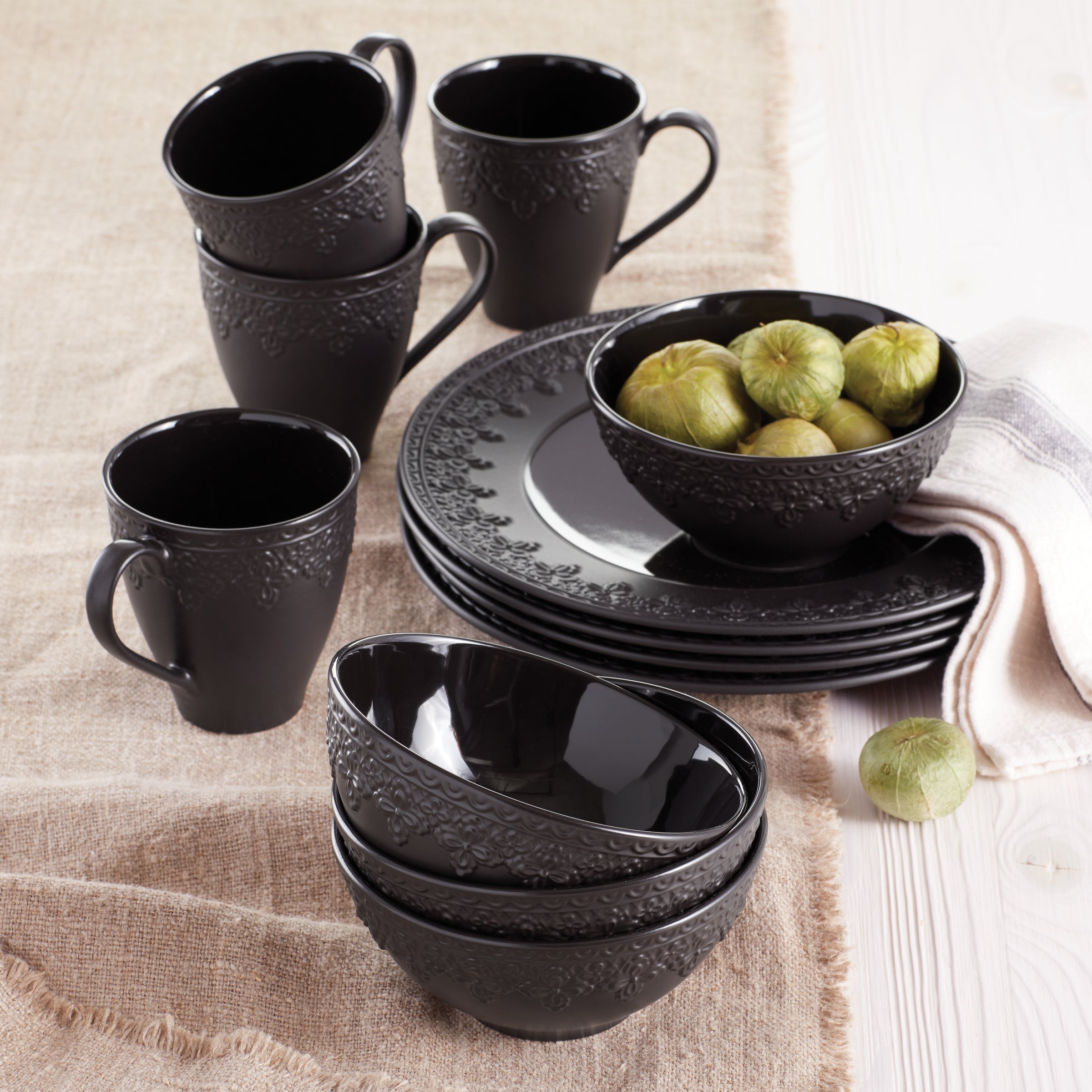 Chelse Muse Fleur Black Ceramic Bowls Set of 4 - Elegant Serving Bowls for Soup, Salad, Pasta & Dessert | Perfect for Dining, Entertaining & Kitchen Decor