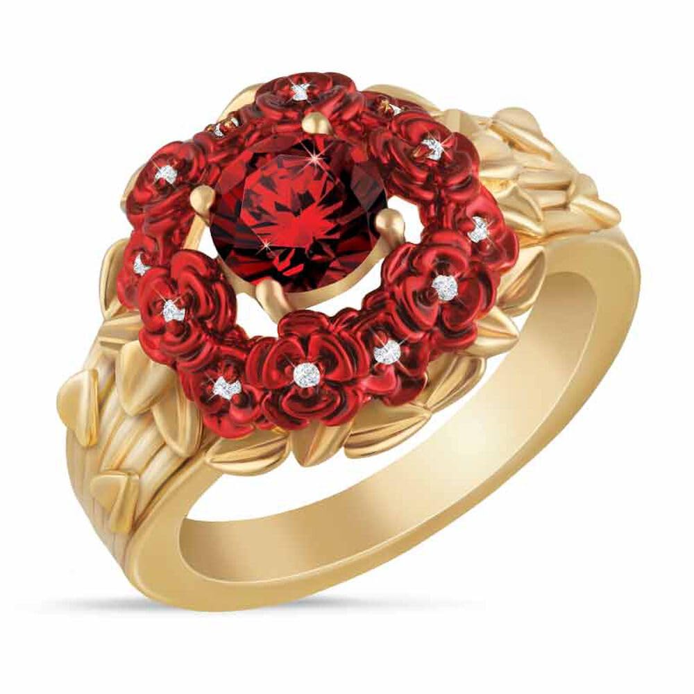 Danbury Mint 12 Roses Diamond Ring with Genuine Diamonds & Simulated Ruby - Romantic Jewelry Gift for Anniversary, Valentine's Day & Special Occasions - Elegant Red Rose Design (Item #1457-0014)