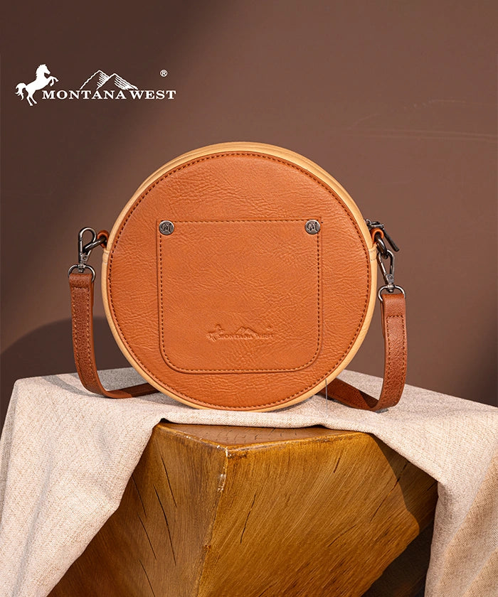 Montana West Tooled Leather Circle Crossbody Bag for Women - Stylish Boho Shoulder Purse for Everyday Use, Travel & Shopping