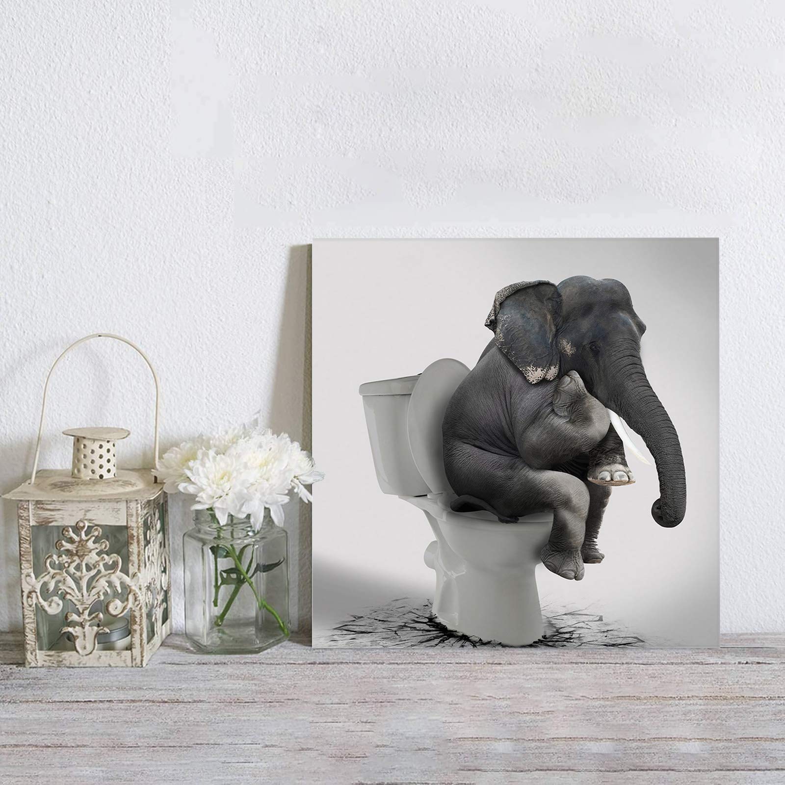 Elephant Sitting on Toilet Canvas Print - 12x12 Inch Framed Wall Art for Bathroom, Living Room, Bedroom & Kitchen Decor - Funny Animal Painting Ready to Hang - Perfect for Home, Office & Gift Giving