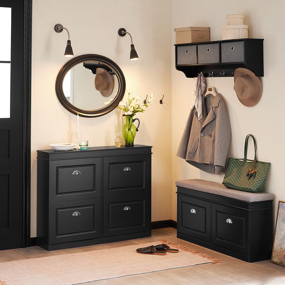 SoBuy Black Storage Shoe Bench with 2 Flip Drawers - Hidden Shoe Cabinet & Free Standing Shoe Rack - Hallway Entryway Storage Bench with Seat Cushion (FSR64-SCH) - Perfect for Small Spaces, Mudrooms & Closet Organization