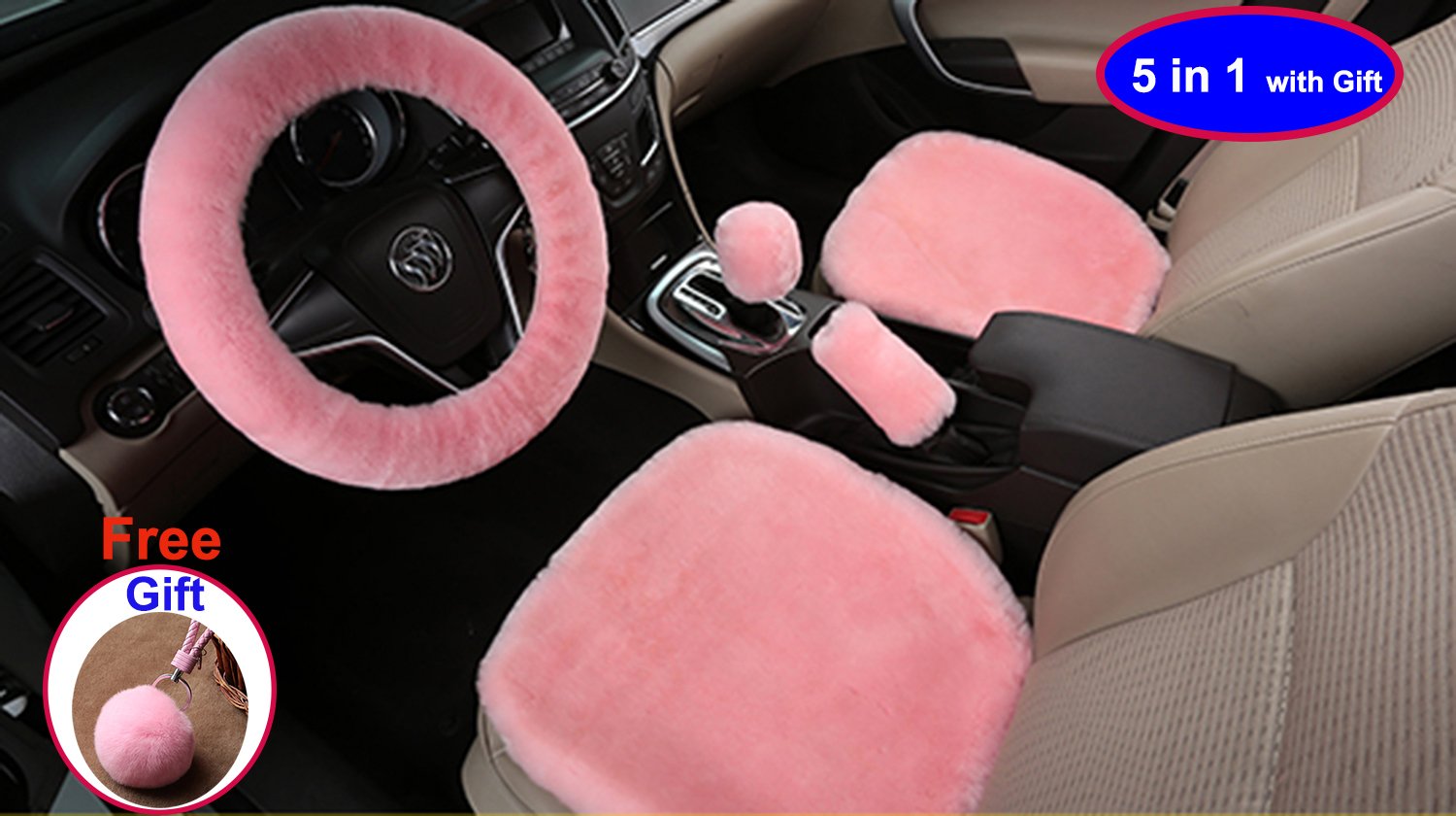 U&M 2pcs Genuine Sheepskin Car Seat Covers & Steering Wheel Cover Set with Handbrake & Gear Shift Covers - 35cm-43cm, 5-in-1 Women's Car Accessories with Fur Ball (Pink) for Luxury Interior Upgrade & Winter Comfort