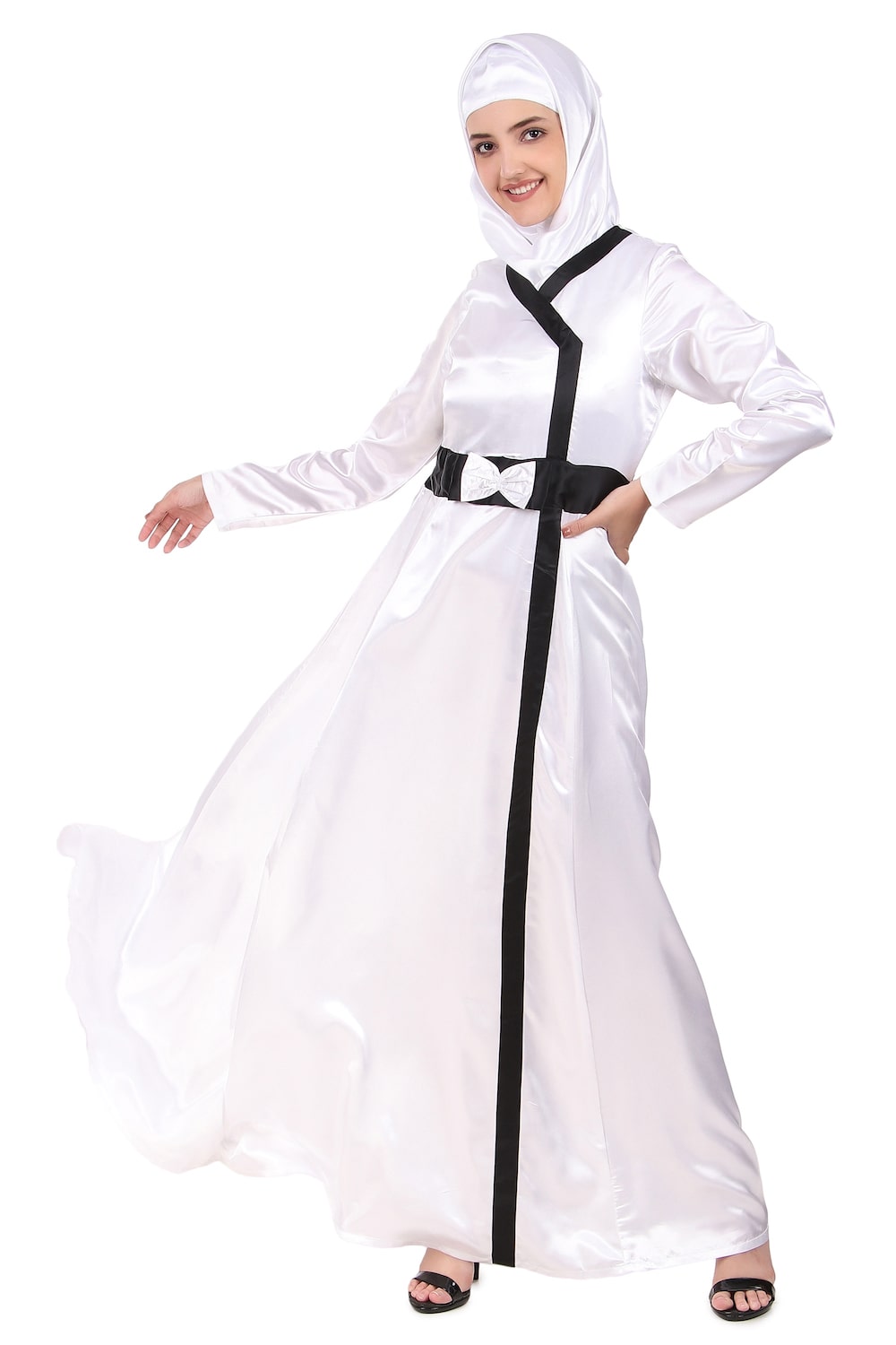 Elegant White Satin Abaya Dress for Women - Modest Islamic Prayer Dress for Mosque & Special Occasions