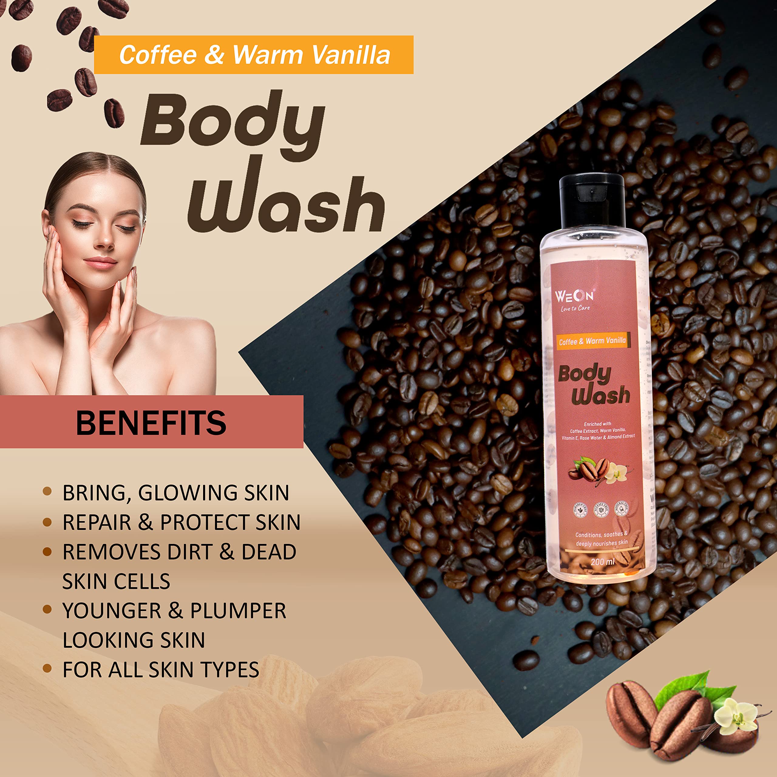 WeOn Coffee & Warm Vanilla Body Wash for Detox and Deep Cleansing – Mineral Oil & Silicone Free, Sulfate Free Shower Gel for Women & Men – 200ml x 3 Pack – Perfect for Post-Workout, Travel & Daily Skincare Routine