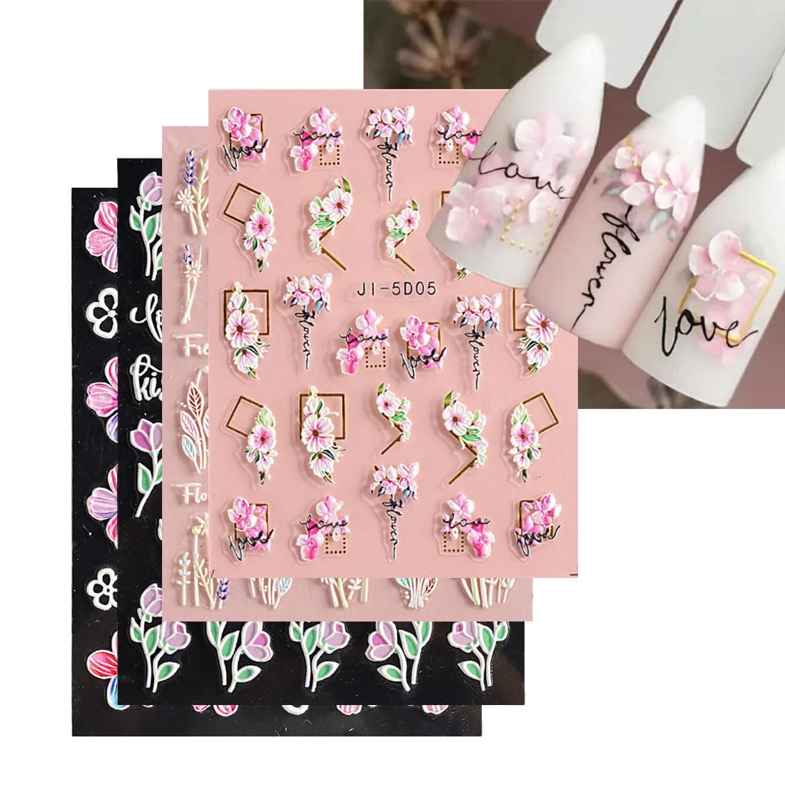 BZKSER Nail Art Stickers - 4 Sheets 3D Flower Nail Decals, Self-Adhesive 5D Nail Design Stickers for Manicure | Perfect for DIY Nail Art, Salon Use, and Special Occasions