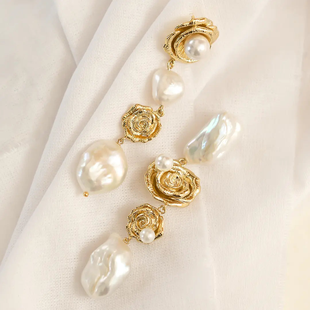Elegant Rose Statement Pearl Earrings for Women - Vintage Dangle Drop Jewelry for Wedding, Party & Special Occasions
