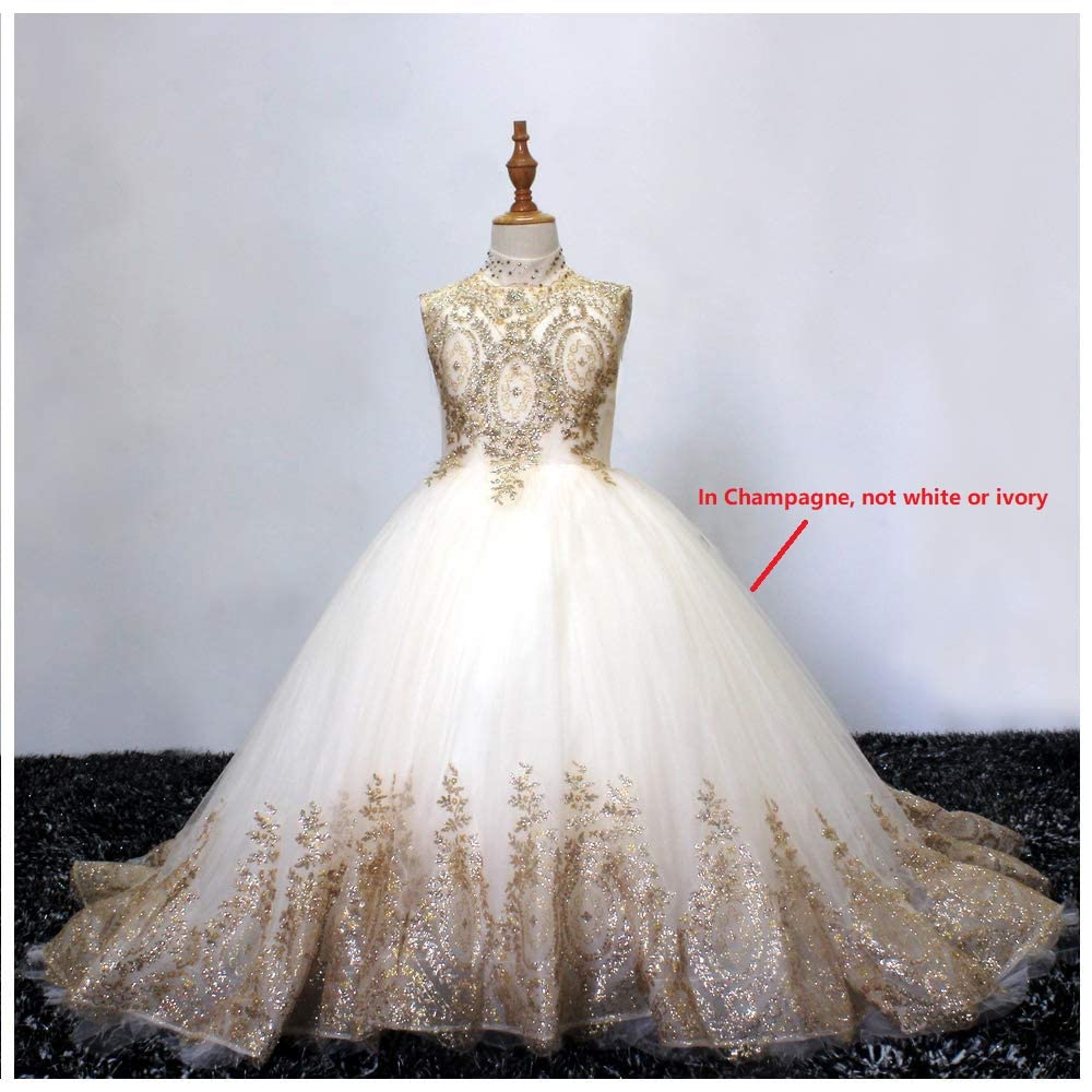 Elegant Gold Lace Flower Girl Dress - Long Puffy Tulle Ball Gown for Pageants, Prom & Special Occasions | Perfect for Weddings, Birthday Parties & Formal Events