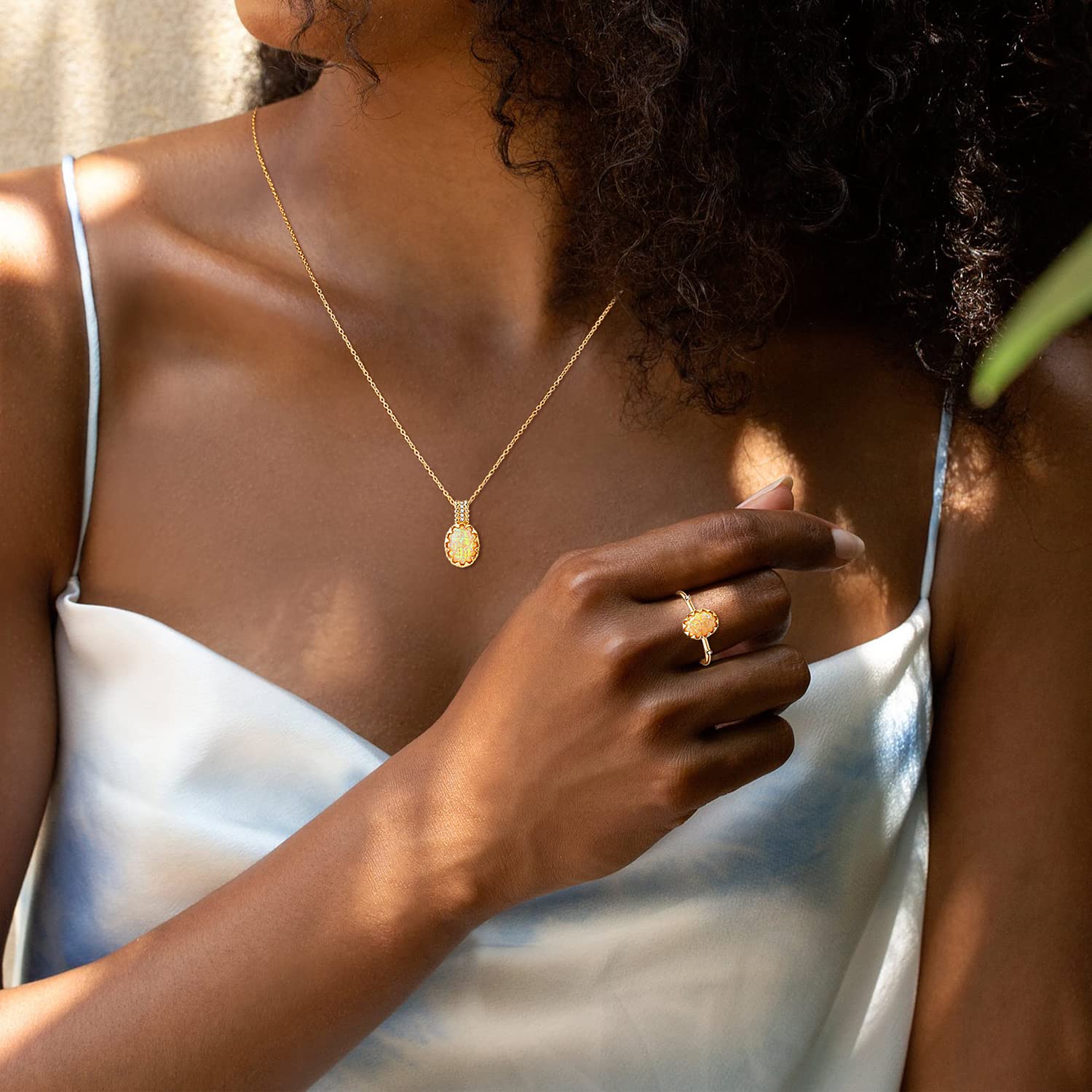 14K Solid Gold Yellow Opal & Diamond Jewelry Set - Necklace & Ring, October Birthstone, Promise & Engagement Ring, Dainty Everyday Jewelry for Women, Wife, Girlfriend - Anniversary, Birthday Gift (16+2 Inch Necklace, Size 7 Ring) | Perfect for Date Nights, Weddings, Special Occasions & Daily Wear