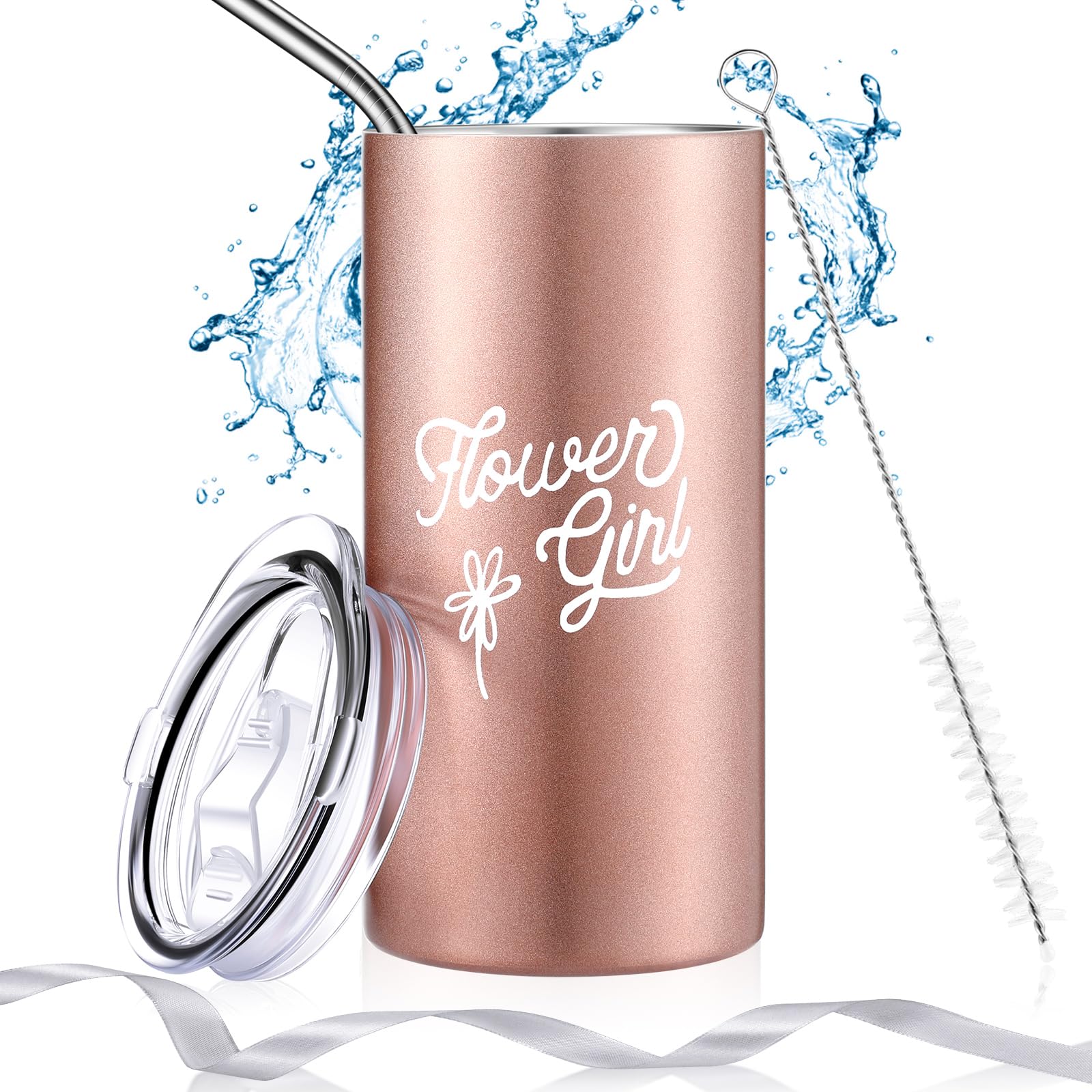 Rose Gold Flower Girl Tumbler with Straw - Wedding Proposal Gift for Bride & Valentine Party