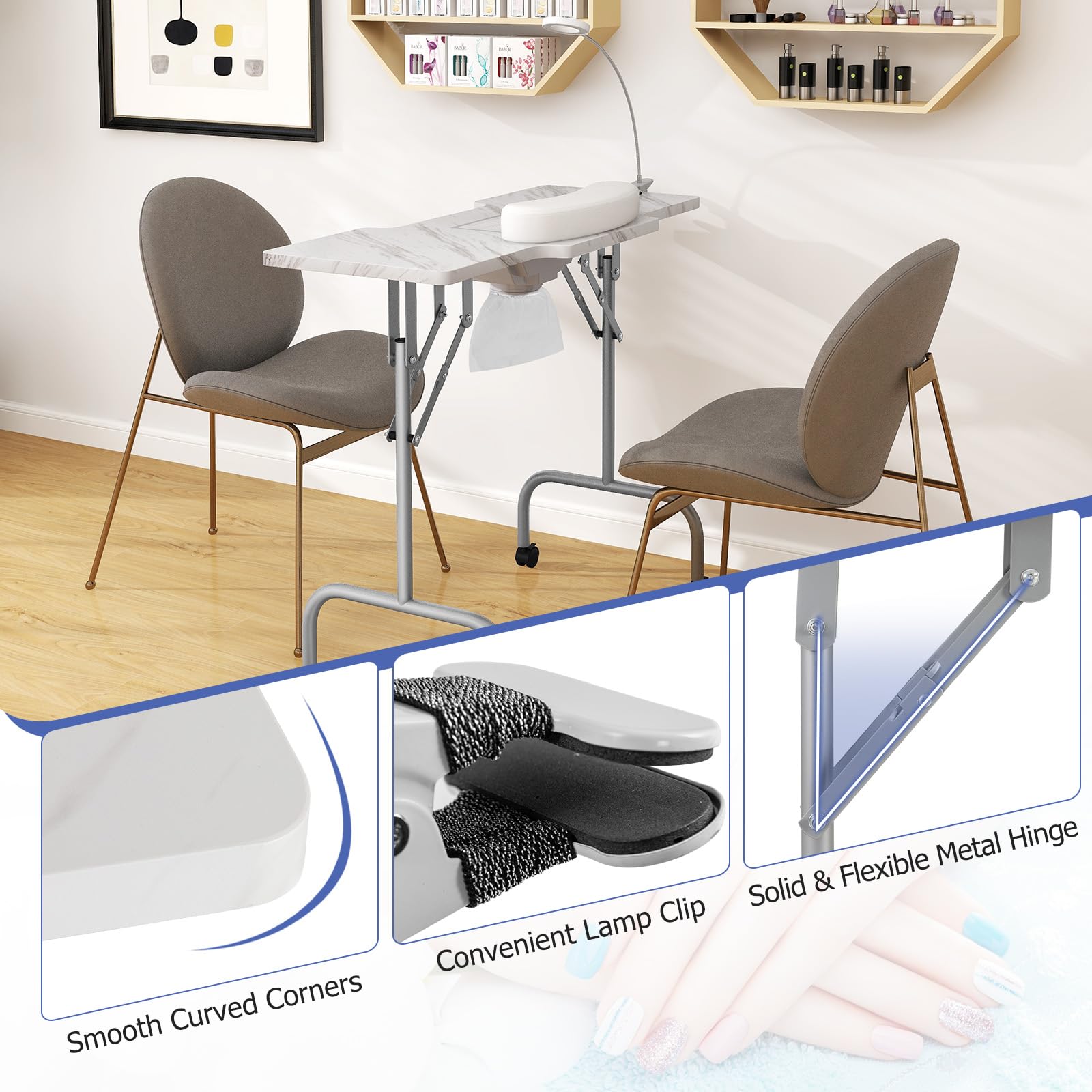 Giantex Foldable Nail Tech Desk with Built-in Dust Collector Fan, Adjustable LED Light & Wrist Pad - Portable Manicure Table with 4 Lockable Wheels & Carrying Case, Marble White - Perfect for Salon Professionals & Home Nail Artists