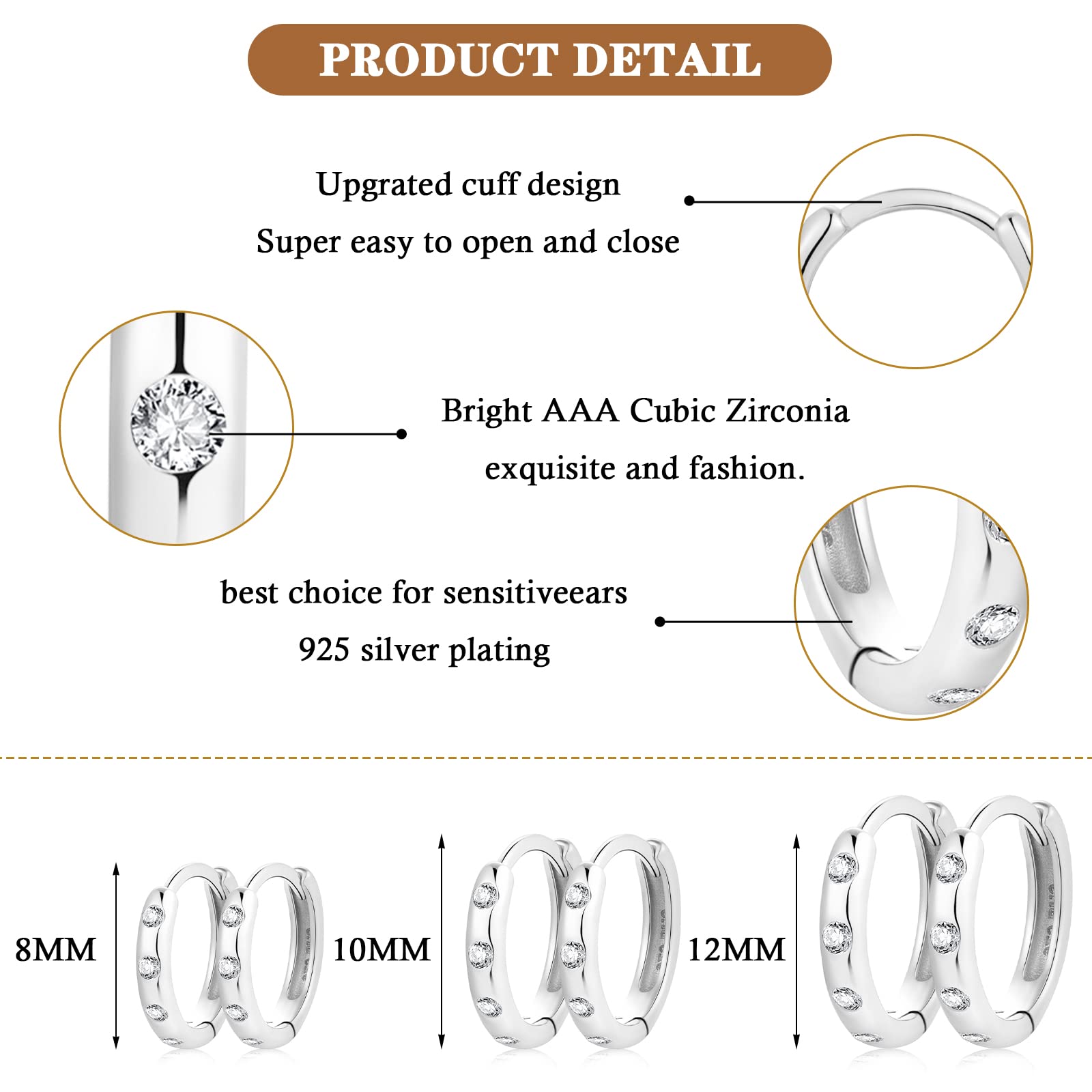 3 Pairs Sterling Silver Small Hoop Earrings with Cubic Zirconia - Tiny Cartilage Huggie Hoop Earrings for Women (8mm/10mm/12mm) | Perfect for Everyday Wear, Gifts & Piercing Jewelry