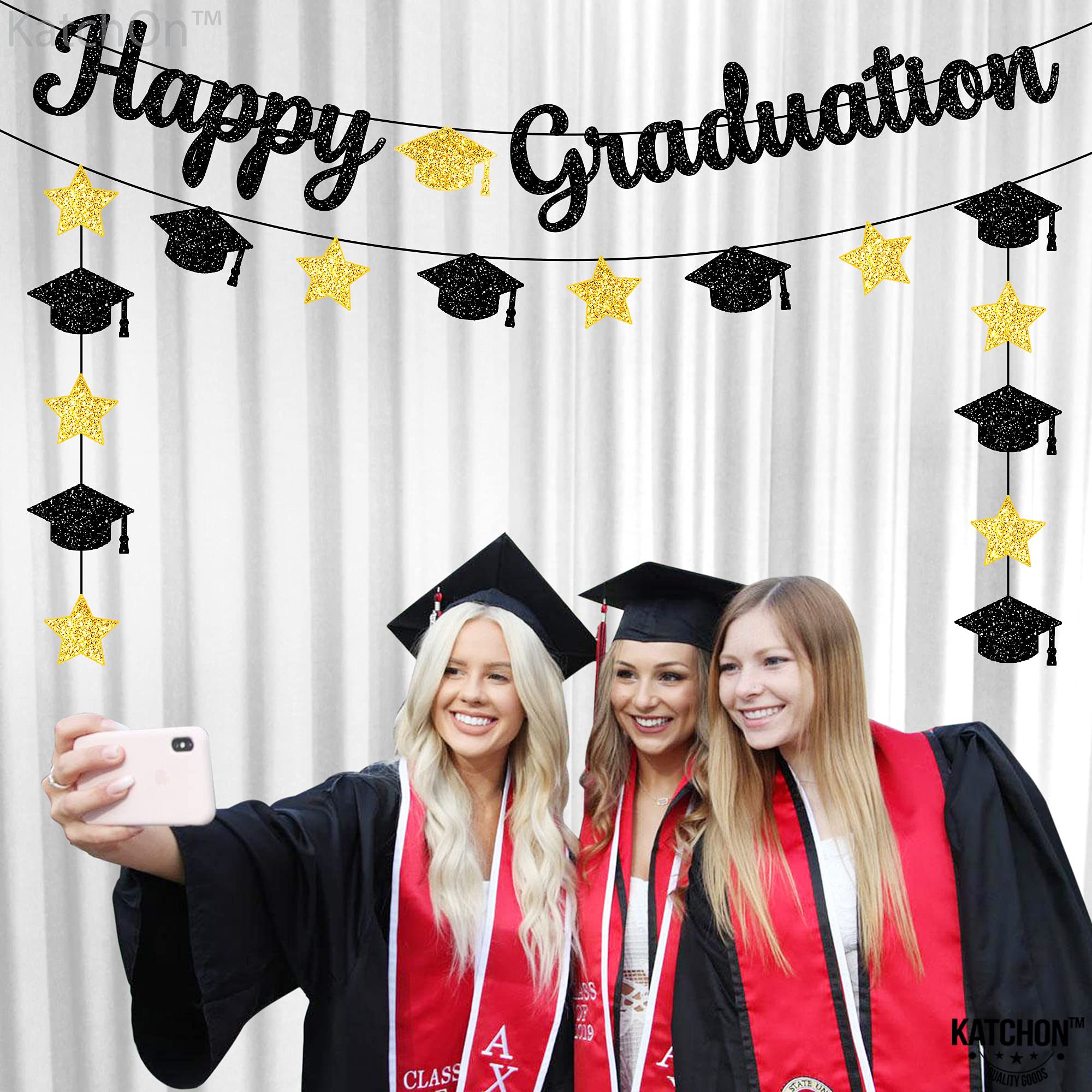 KatchOn Pre-Strung Glitter Graduation Banner - Black & Gold Class of 2025 Decor | No DIY Ready-to-Hang Sign for Graduation Parties, School Events & Home Decorations