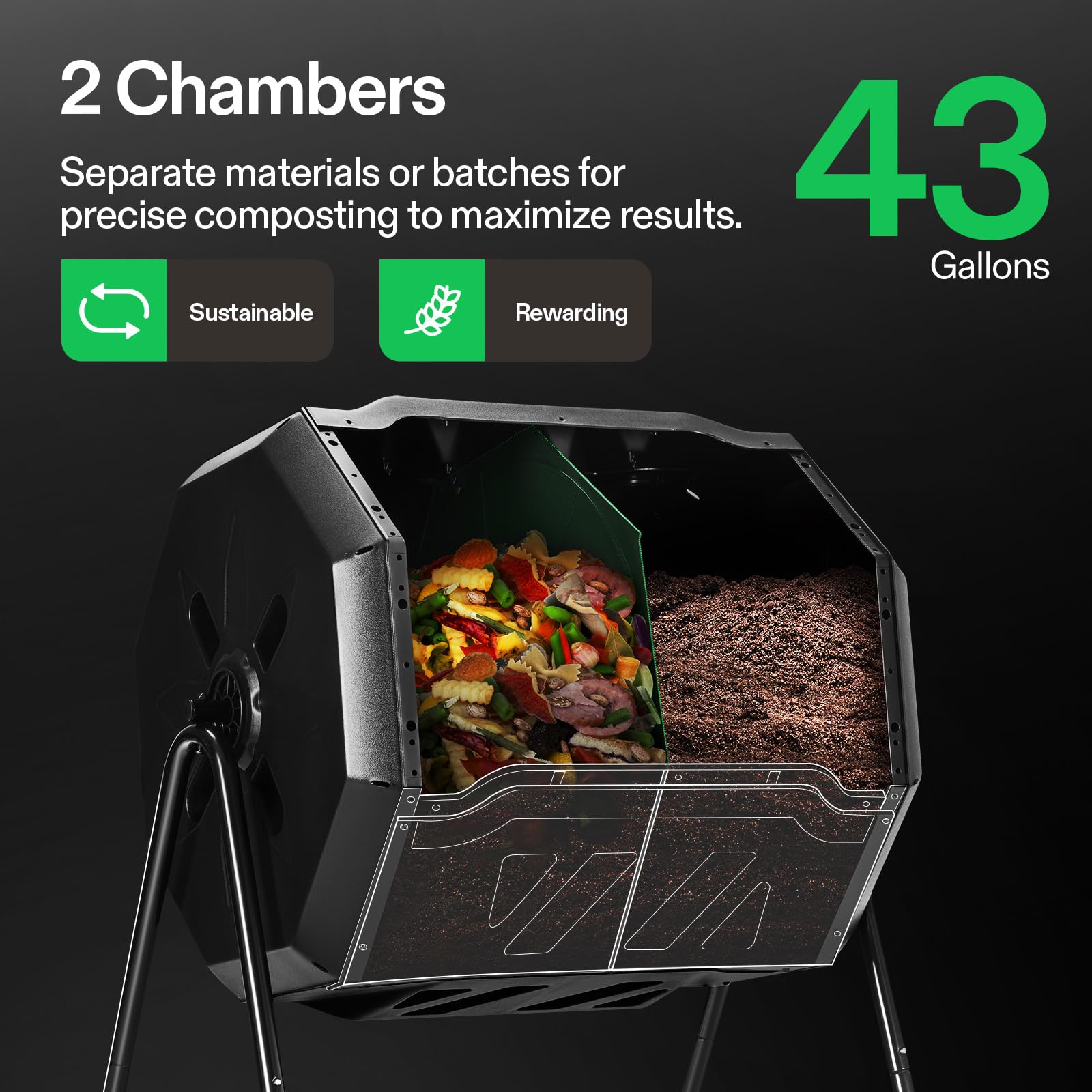 VIVOSUN 43 Gallon Dual Rotating Tumbling Composter Bin - Heavy Duty 300G Thickened Nonwoven Fabric - Includes 5-Pack 5 Gallon Grow Bags - Perfect for Organic Waste Recycling, Gardening, and Eco-Friendly Composting at Home