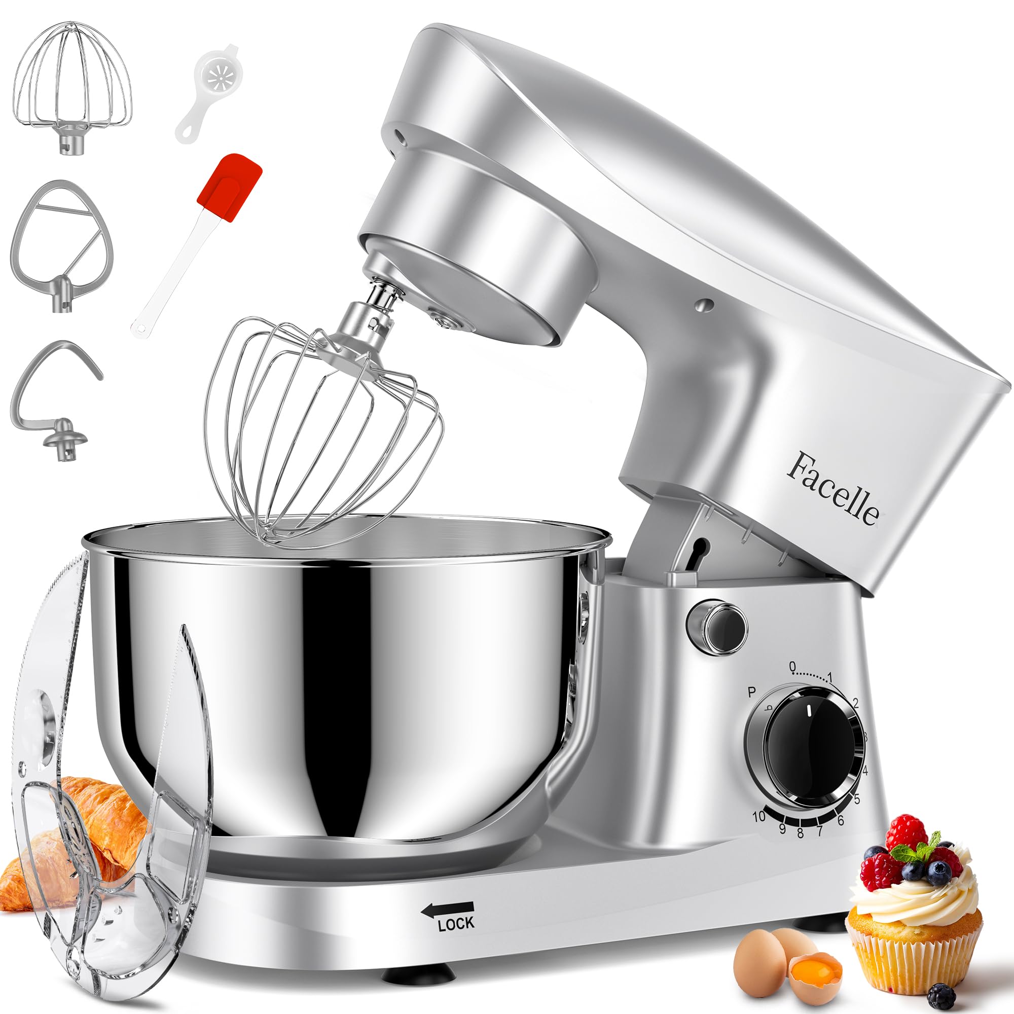 10-Speed 6QT Stand Mixer with Tilt-Head - Kitchen Electric Mixer Includes Beater, Dough Hook, Wire Whip & Egg Separator - Perfect for Baking Cakes, Cookies, Bread & Dough - Silver