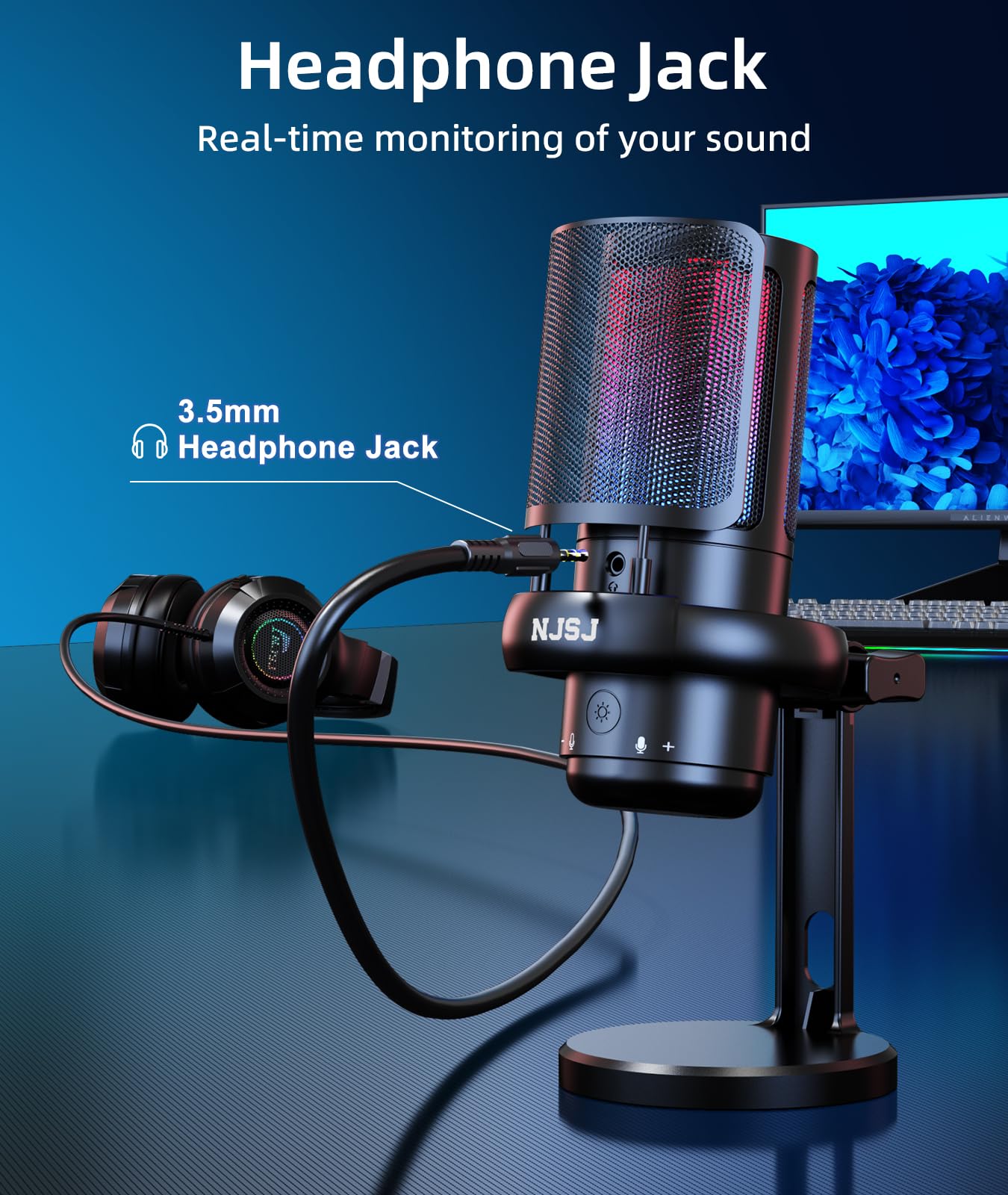 NJSJ USB Gaming Microphone with Mute Button, RGB Lighting & Audio Controls - Professional PC Mic for Podcasting, Streaming, Gaming on Laptop, Mac, PS4/PS5 - Perfect for Twitch, Discord & YouTube Content Creation