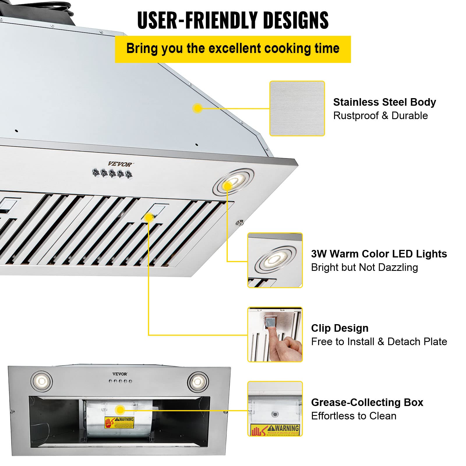 VEVOR 30 Inch 800CFM 3-Speed Stainless Steel Insert Range Hood with LED Lights & Baffle Filters - Ducted/Ductless Convertible, ETL Certified for Kitchen Ventilation | Perfect for Home Chefs & Modern Kitchens