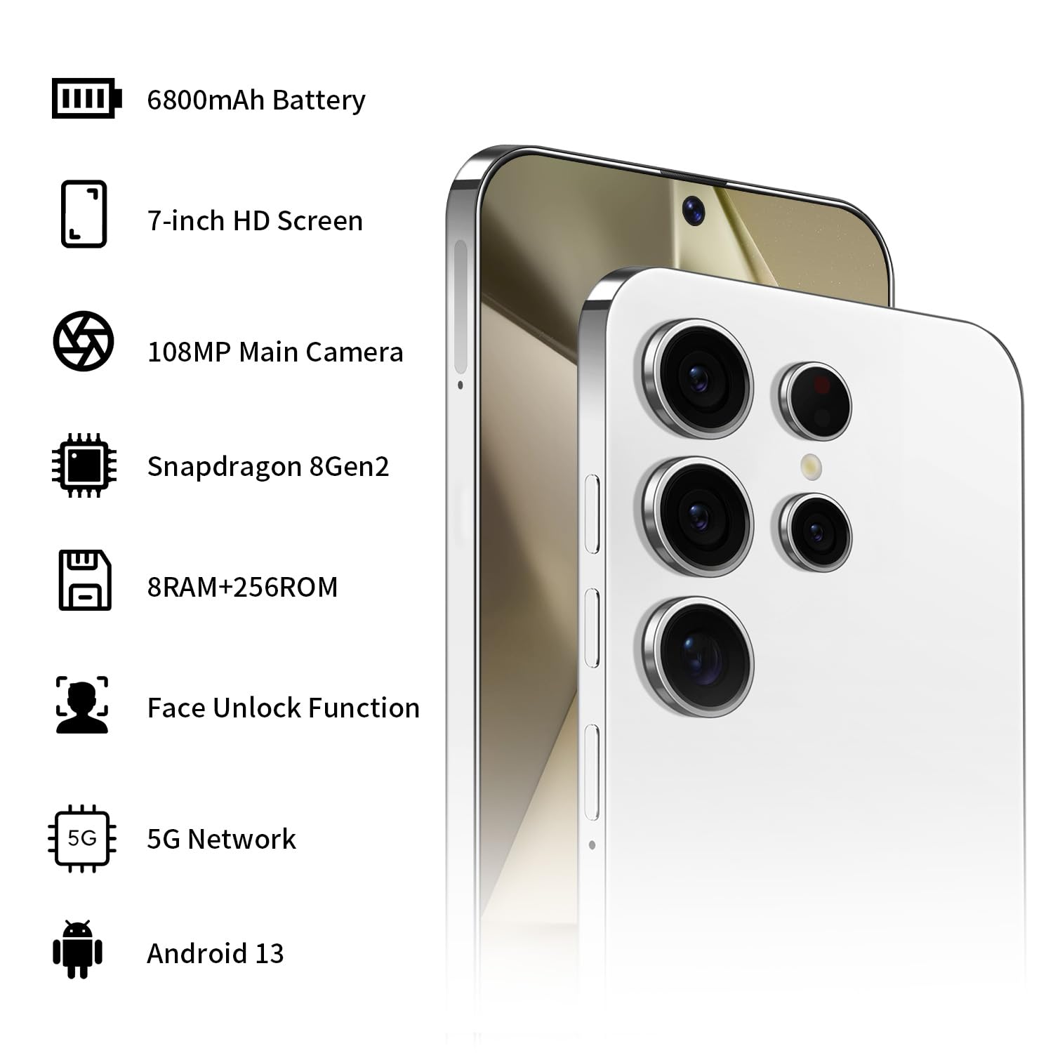 Samsung Galaxy S24 Ultra Unlocked Smartphone 8GB RAM 256GB Storage, 7-inch HD Display, 108MP + 48MP Dual Camera, 6800mAh Battery, 5G Dual SIM (Titanium White) - Perfect for Photography, Gaming & Business Use