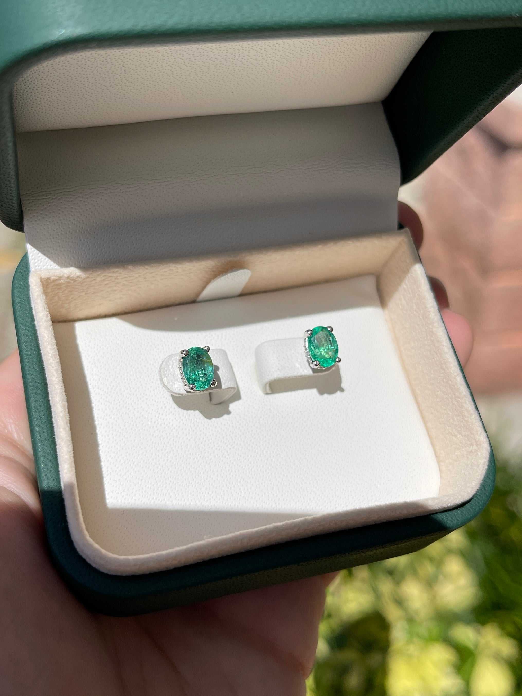 1.95tcw Natural Oval Emerald & Diamond Hidden Halo Stud Earrings in 14K Gold - Elegant Jewelry for Women, Perfect for Weddings, Parties & Special Occasions