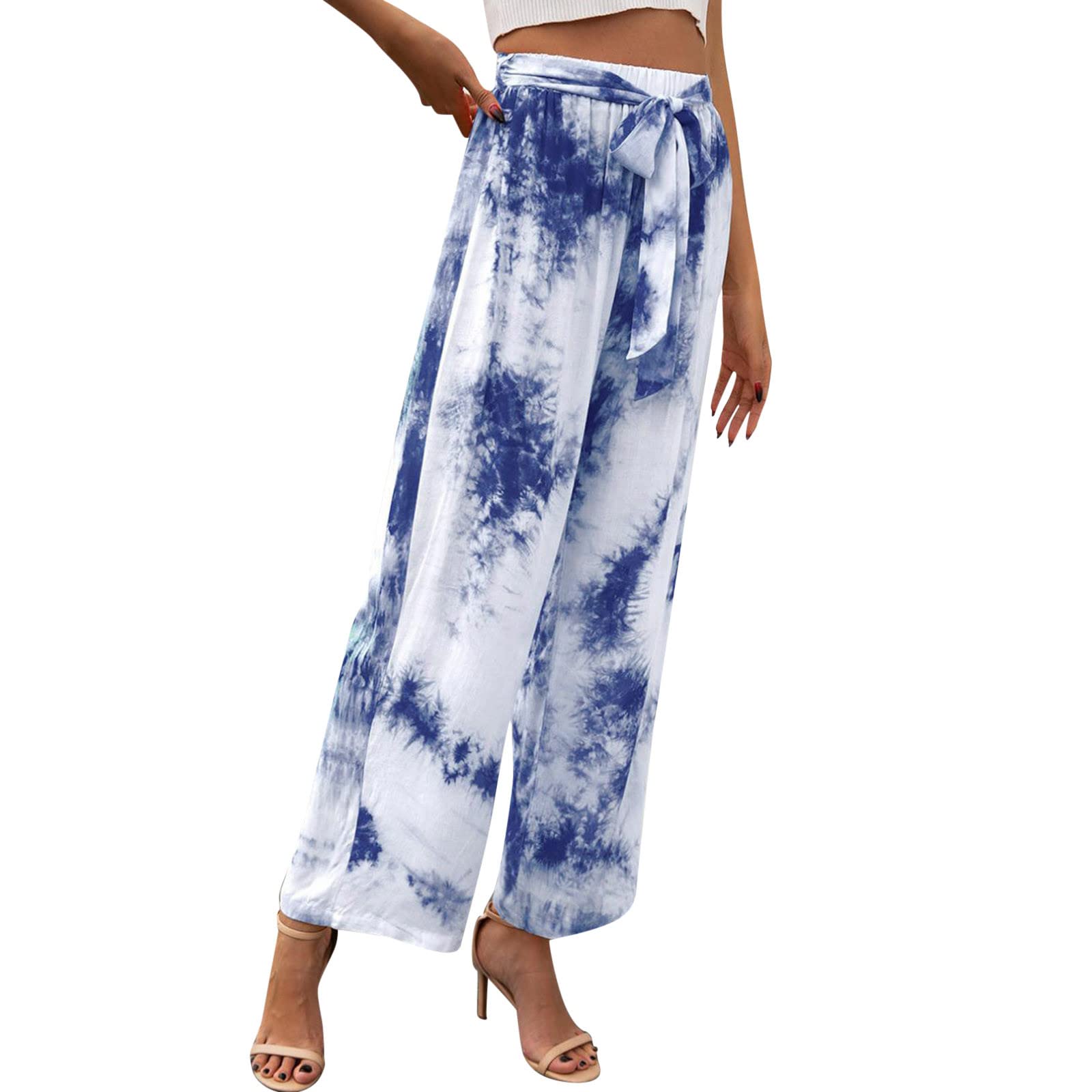 **Plus Size Women's Business Casual Pants – Wide Leg Printed Tie-Dye Loose Trousers with Belt for Work & Casual Wear | Office & Outdoor Comfort**