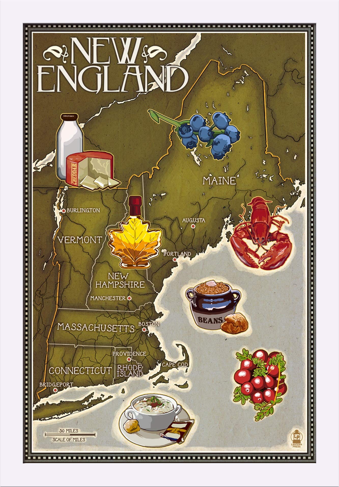 Foods of New England Map - 16x24 Inch Giclee Fine Art Print with Recycled Wood Frame in White | Wall Decor for Kitchen, Dining Room, or New England Themed Home