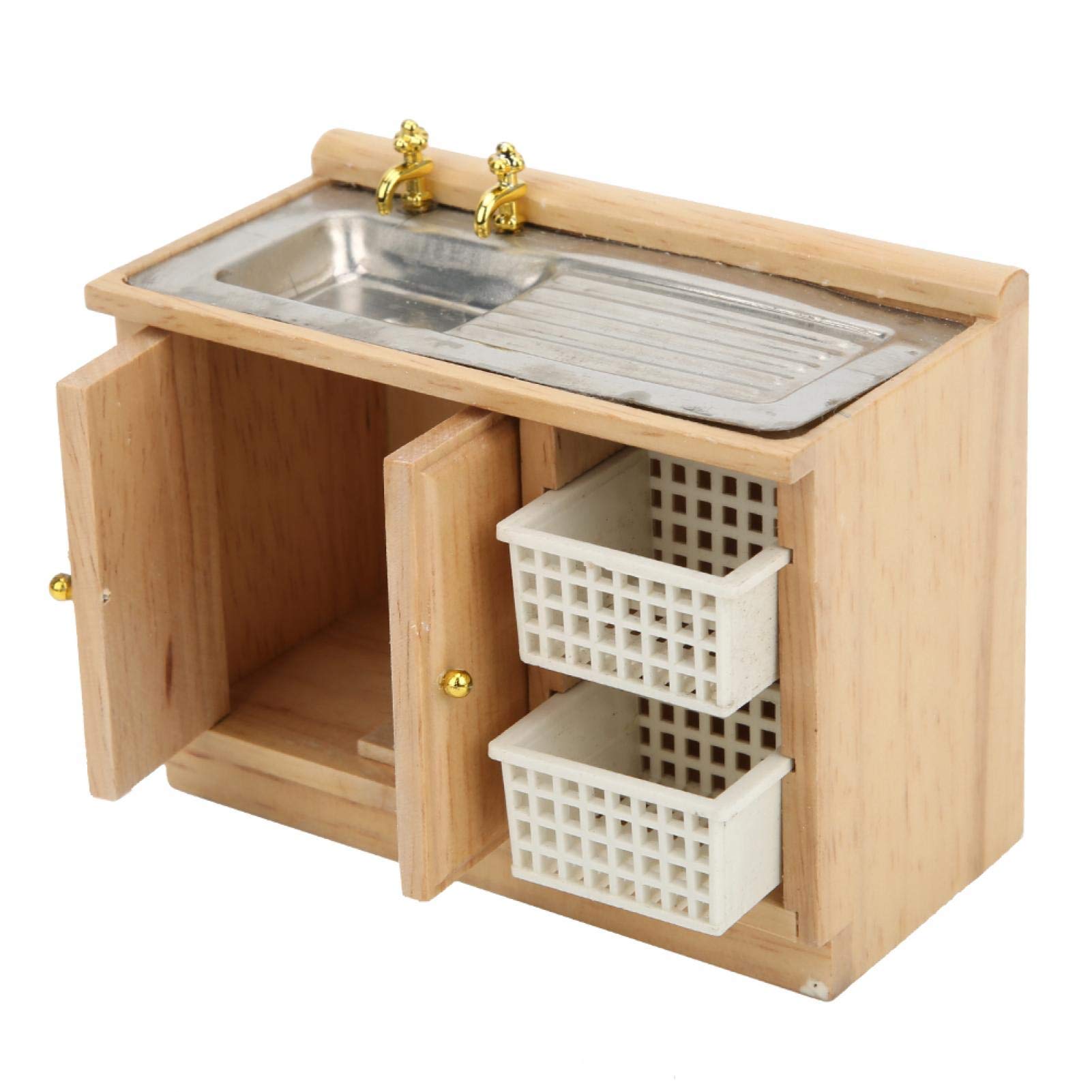 1/12 Scale Miniature Wooden Dollhouse Furniture Set - Dish Washing Table with Baskets for Living Room & Kitchen | Realistic Dollhouse Accessories for Home Decor, Collectors & Kids Play