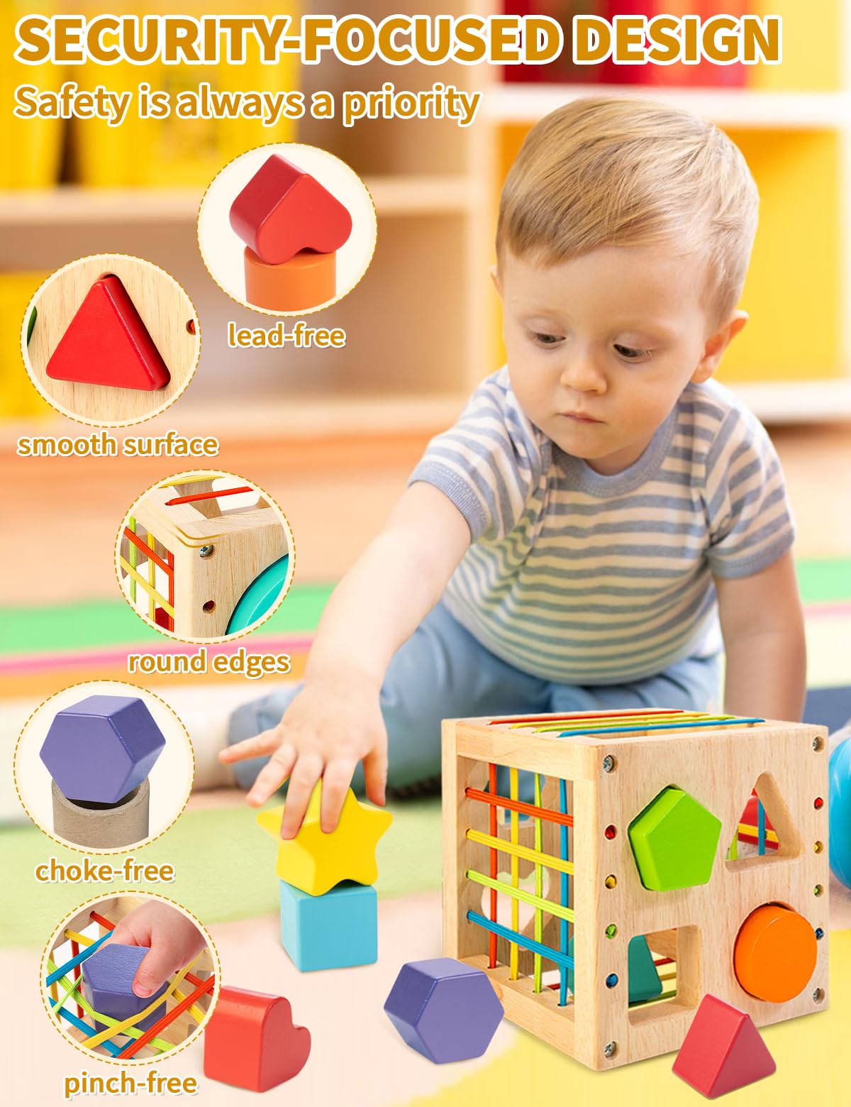 Montessori Wooden Shape Sorter Toy for Toddlers - 8-Piece Rattling Blocks Educational Learning Cube for Baby Boys & Girls | Perfect for Early Childhood Development & Sensory Play