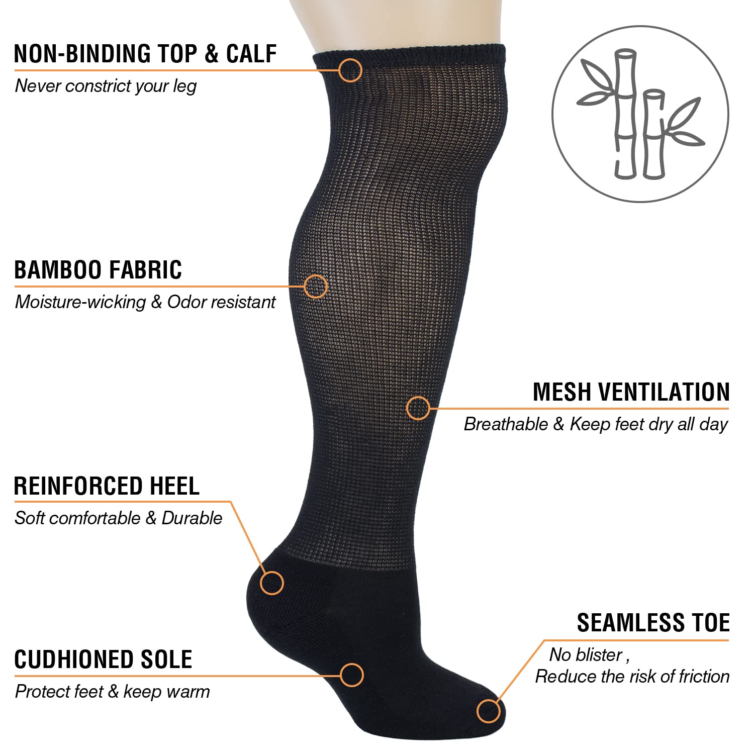 Diabetic Socks for Men & Women - 4 Pairs Non-Binding Seamless Knee-High Socks with Cushioning for Circulation & Comfort | Ideal for Diabetes, Travel & Daily Wear